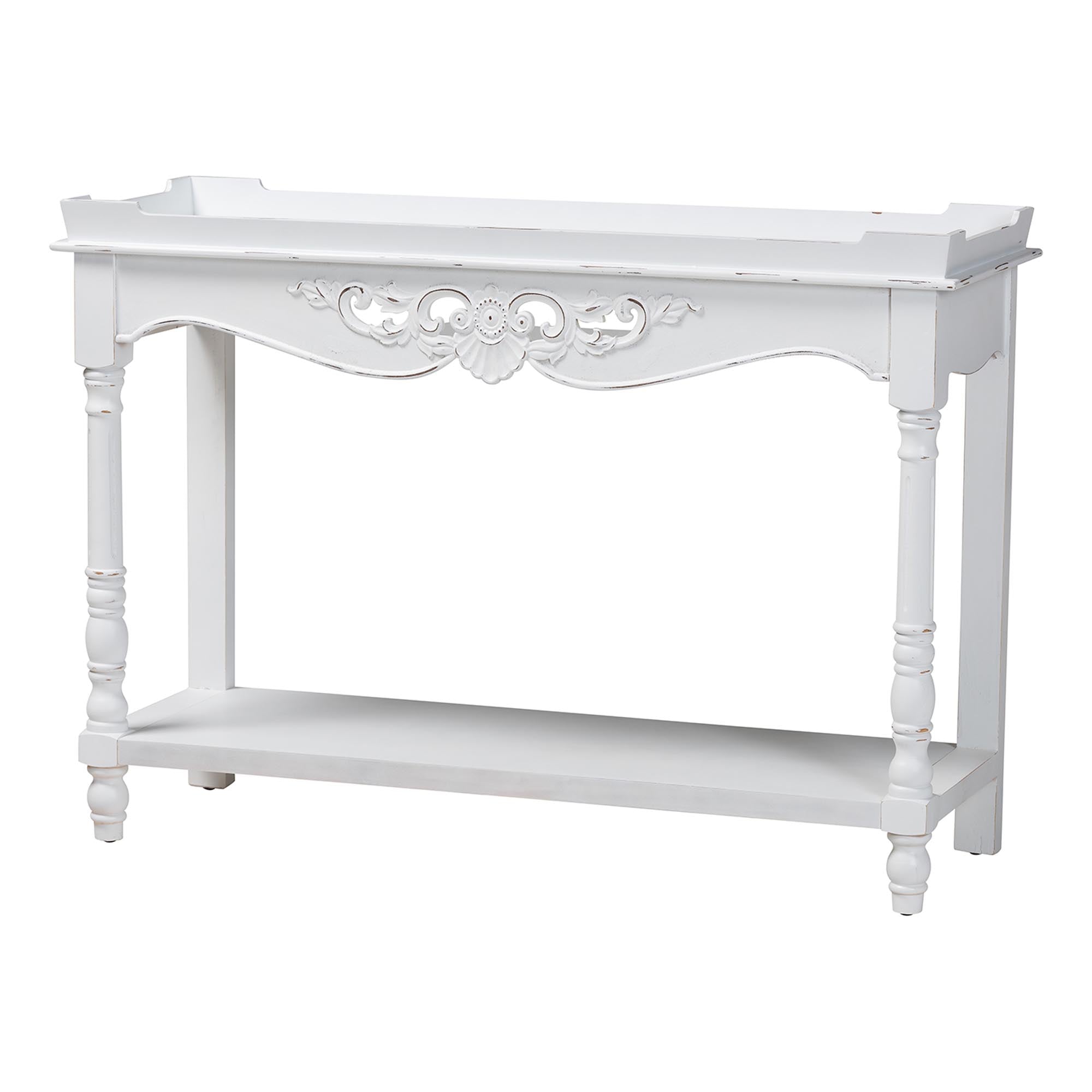 Rafferty Distressed Console Table - Vintage-Inspired White Accent Table with Ornate Carved Apron and Lower Shelf, Classic Entryway or Sofa Table