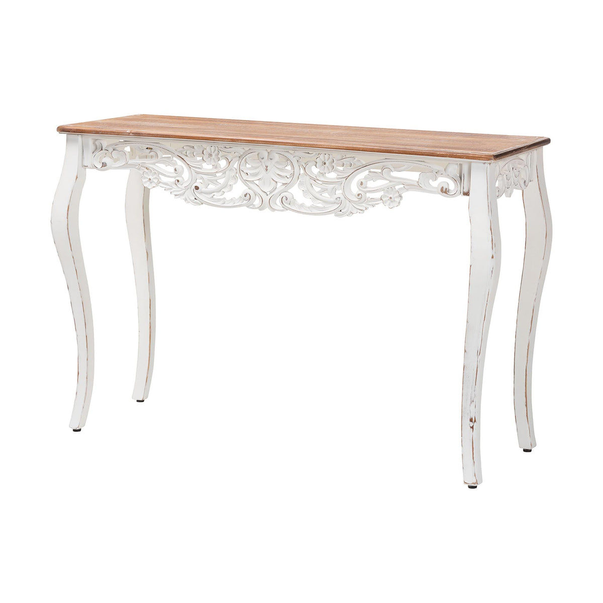 Riquin Distressed Wood Console Table - Carved Wood Accent Table with Floral Motif and Two-Tone Finishing