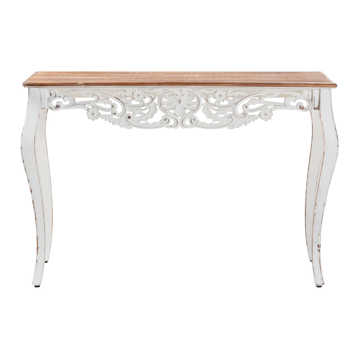 Riquin Distressed Wood Console Table - Carved Wood Accent Table with Floral Motif and Two-Tone Finishing
