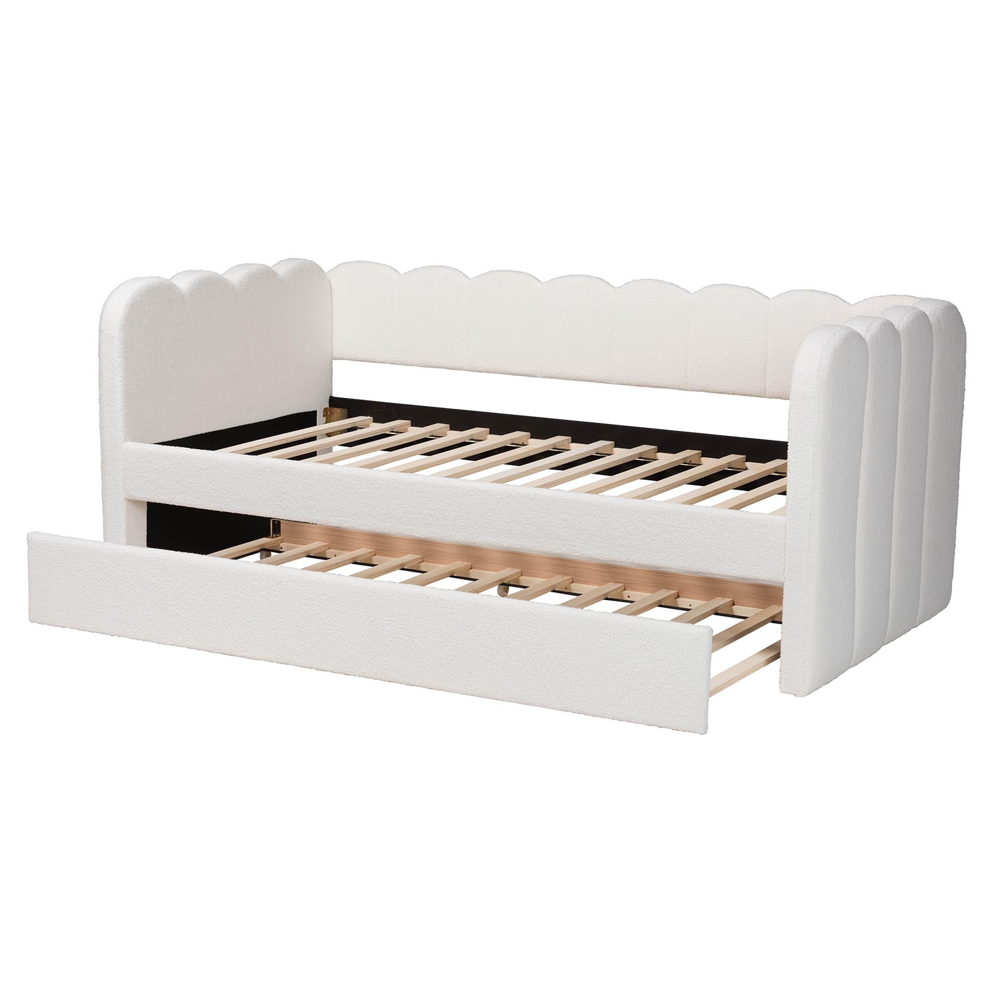 Palmer Cream Teddy-Bear Fabric Daybed with Rolling Trundle - Scalloped Edge Daybed with Plush Upholstery, Modern Sofa Bed for Bedroom or Guest Room, Twin
