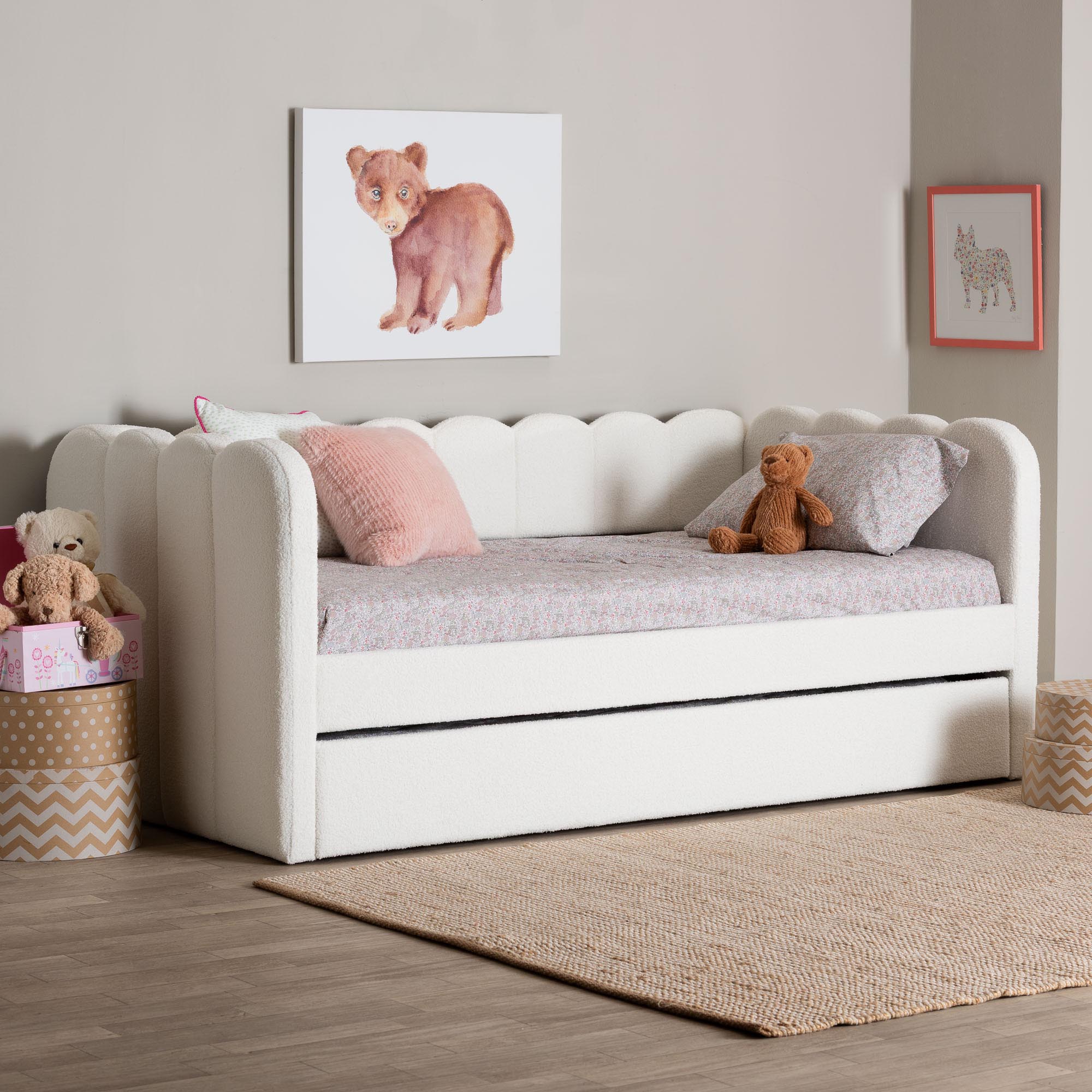 Palmer Cream Teddy-Bear Fabric Daybed with Rolling Trundle - Scalloped Edge Daybed with Plush Upholstery, Modern Sofa Bed for Bedroom or Guest Room, Twin
