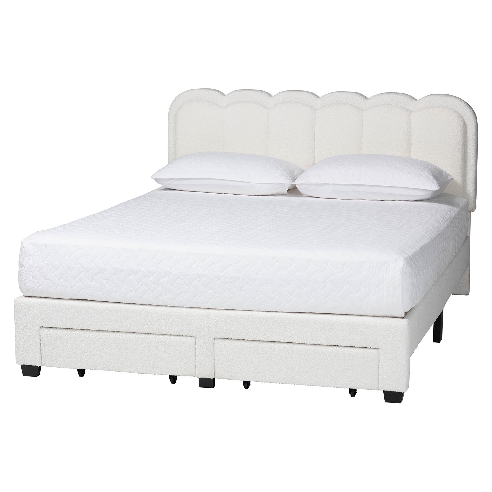 Baxton Studio Caradonna Cream Teddy-Bear Fabric Bed with Storage Drawers - Fully Upholstered Platform Bed with Scalloped Headboard, Queen