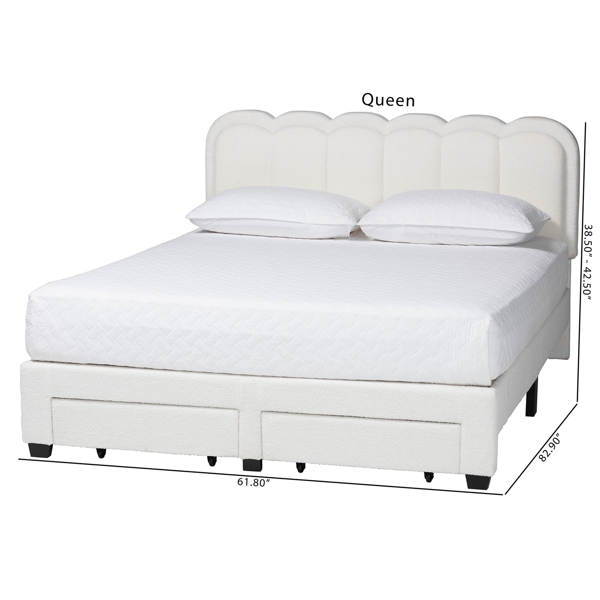 Caradonna Cream Teddy-Bear Fabric Bed with Storage Drawers - Fully Upholstered Platform Bed with Scalloped Headboard, Queen