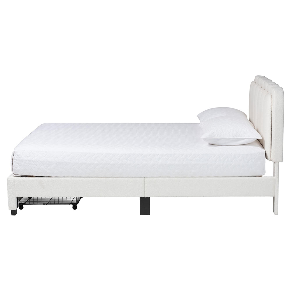 Caradonna Cream Teddy-Bear Fabric Bed with Storage Drawers - Fully Upholstered Platform Bed with Scalloped Headboard, Queen
