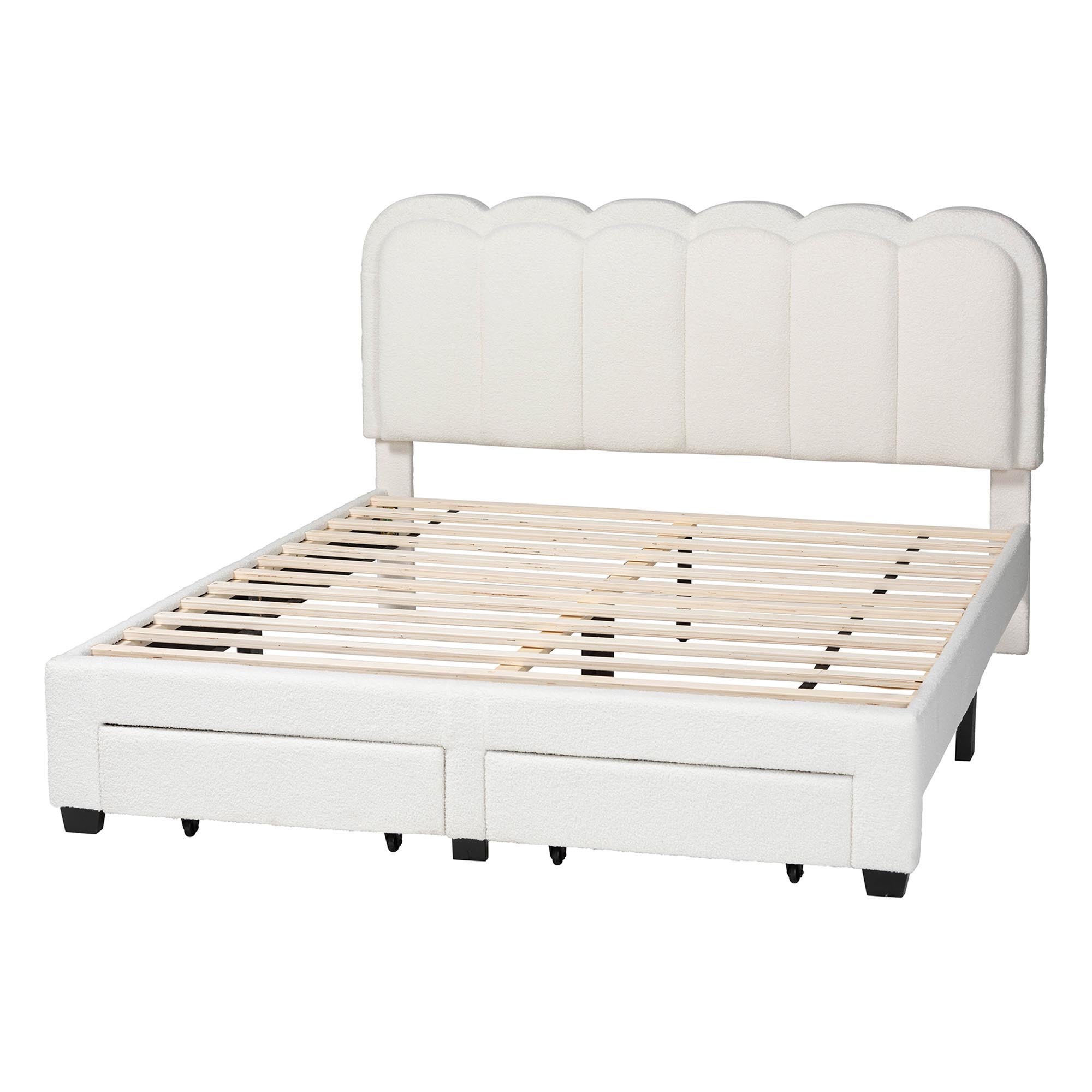 Caradonna Cream Teddy-Bear Fabric Bed with Storage Drawers - Fully Upholstered Platform Bed with Scalloped Headboard, Queen