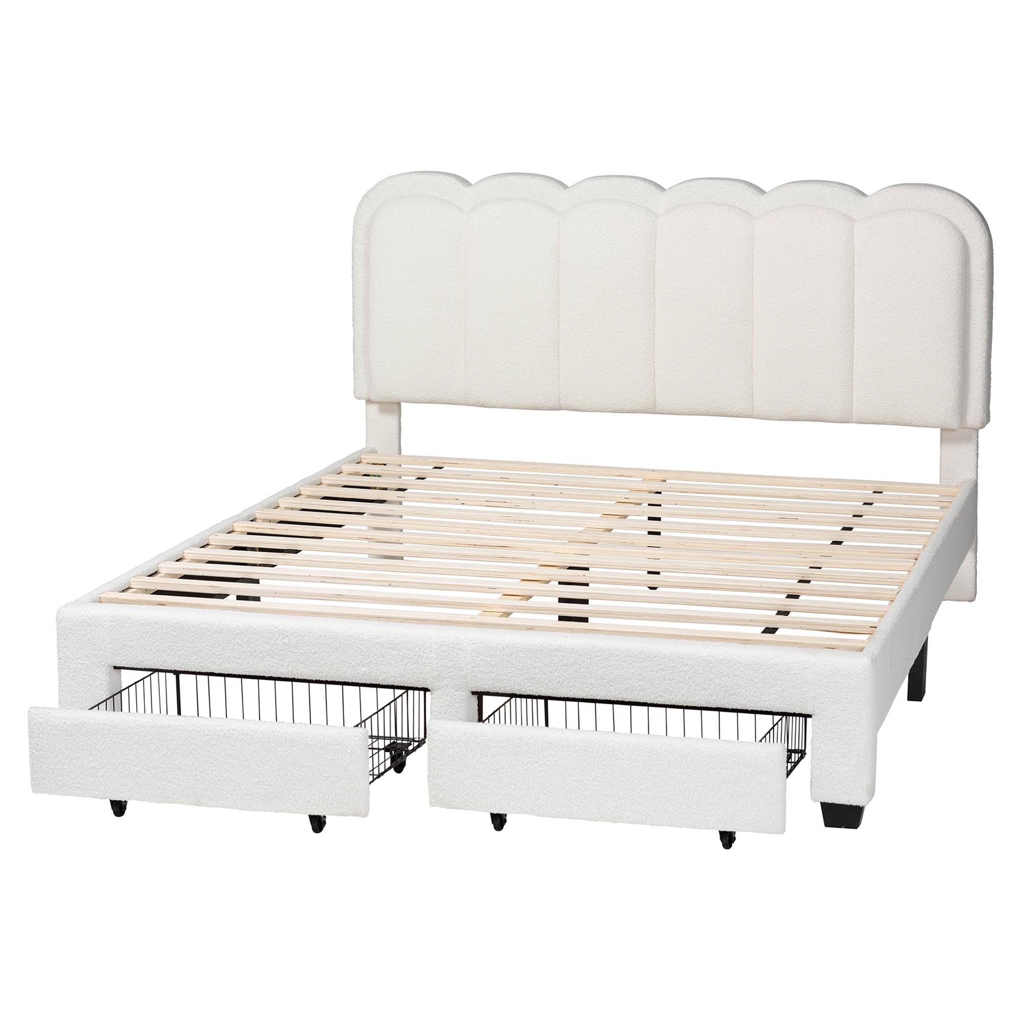 Caradonna Cream Teddy-Bear Fabric Bed with Storage Drawers - Fully Upholstered Platform Bed with Scalloped Headboard, Queen