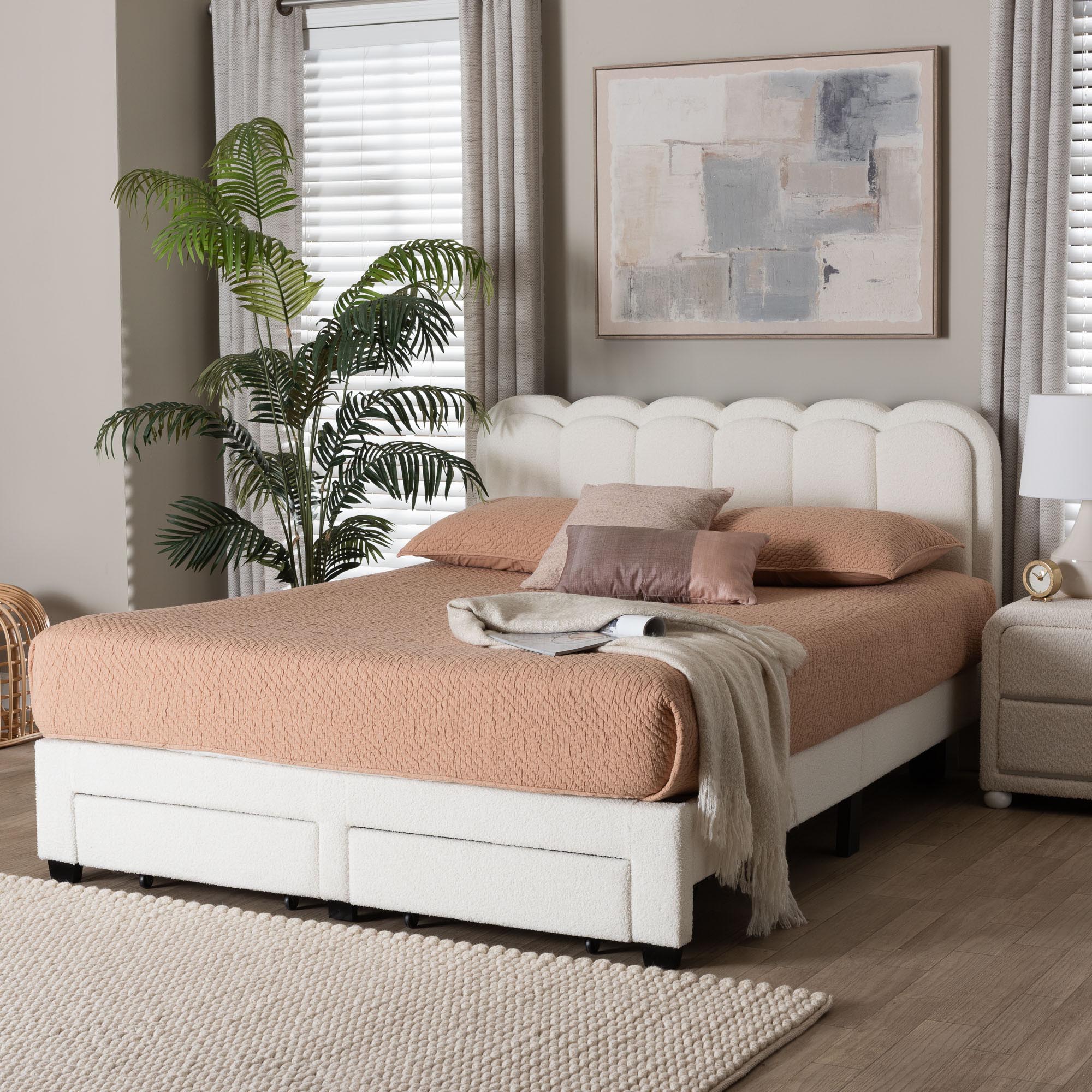 Caradonna Cream Teddy-Bear Fabric Bed with Storage Drawers - Fully Upholstered Platform Bed with Scalloped Headboard, Queen