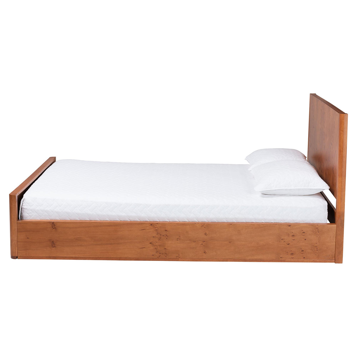 Fuentes Real Burl Wood Bed Frame - Modern Low-Profile Platform Bed with Accent Footboard, Mid-Century Inspired Bedroom Furniture, Queen