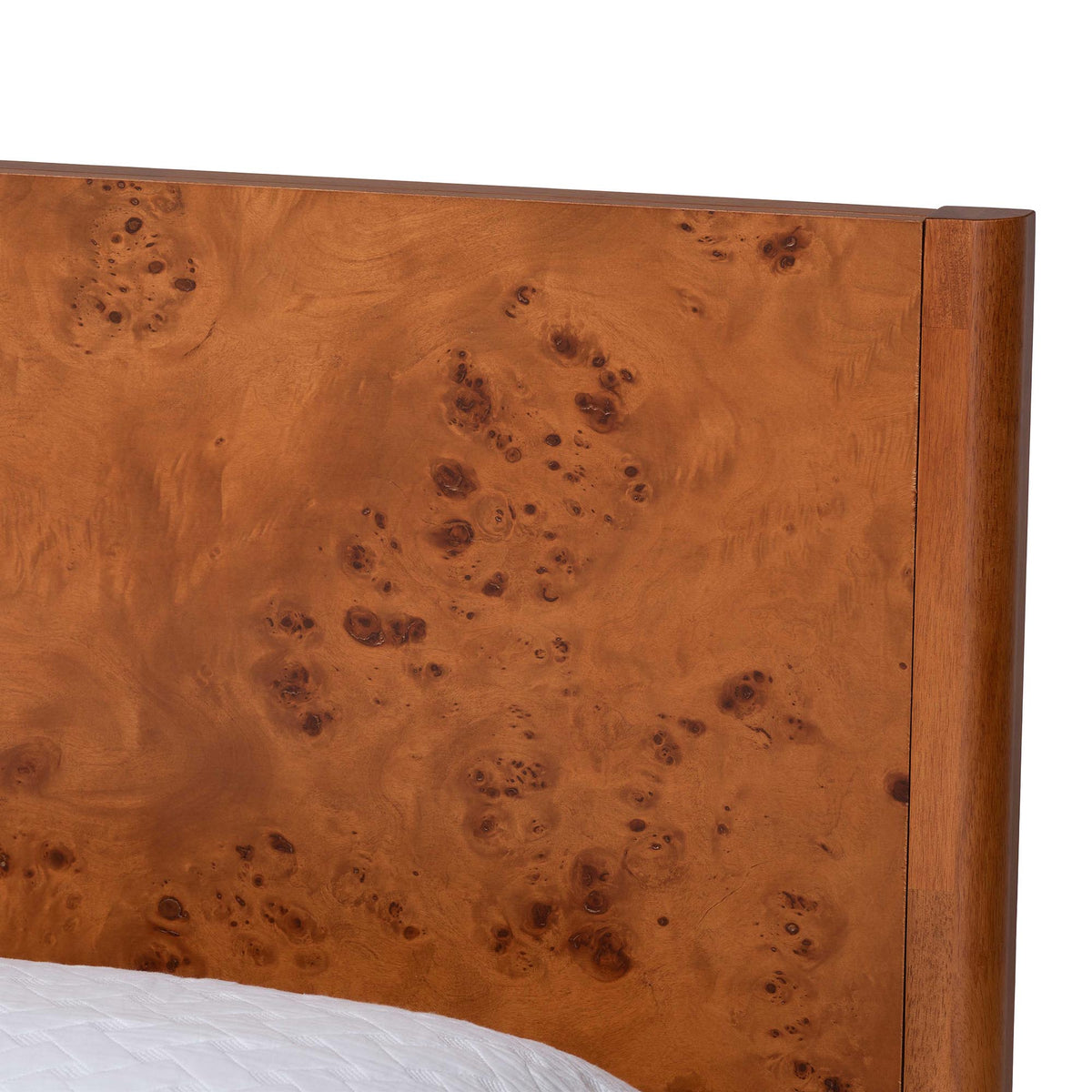 Fuentes Real Burl Wood Bed Frame - Modern Low-Profile Platform Bed with Accent Footboard, Mid-Century Inspired Bedroom Furniture, Queen