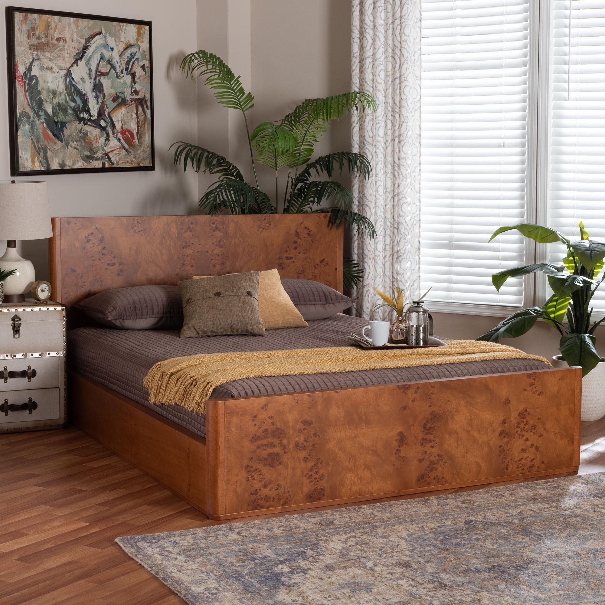 Fuentes Real Burl Wood Bed Frame - Modern Low-Profile Platform Bed with Accent Footboard, Mid-Century Inspired Bedroom Furniture, Queen