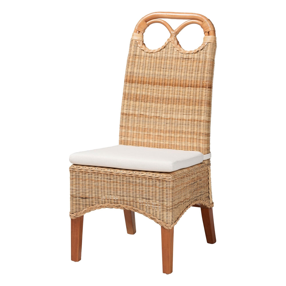Dyna Natural Rattan Dining Chair - Handwoven Wicker Side Chair with Removable Cushion and Loop Backrest, Boho Coastal Seating for Dining Room or Kitchen