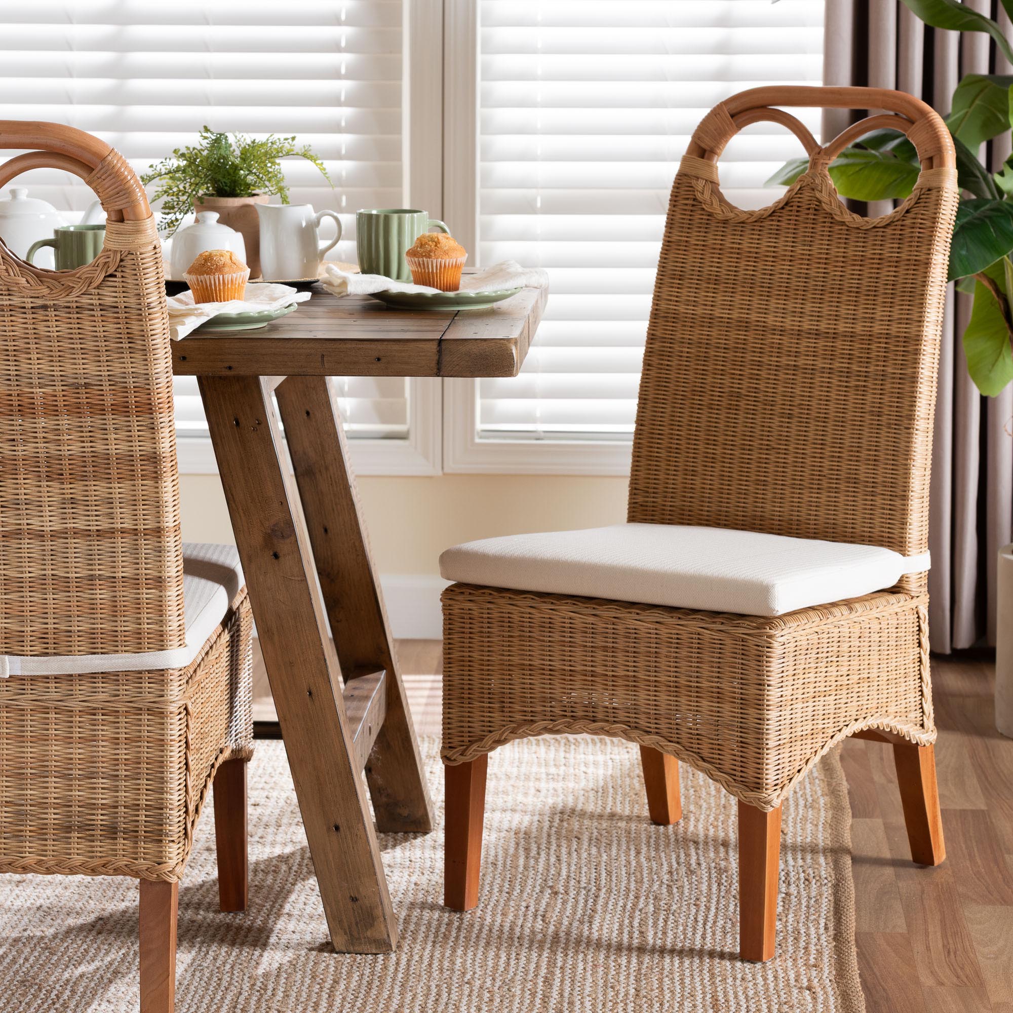 Dyna Natural Rattan Dining Chair - Handwoven Wicker Side Chair with Removable Cushion and Loop Backrest, Boho Coastal Seating for Dining Room or Kitchen