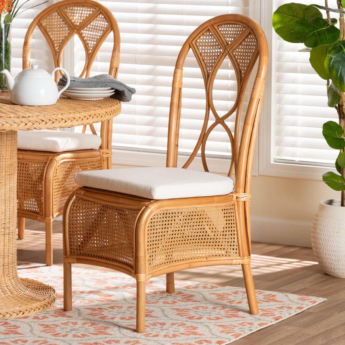 Elsa Natural Rattan Dining Chair - Handcrafted Wicker Side Chair with Openwork Back and Woven Detailing, Coastal Boho Seating for Dining Room or Kitchen