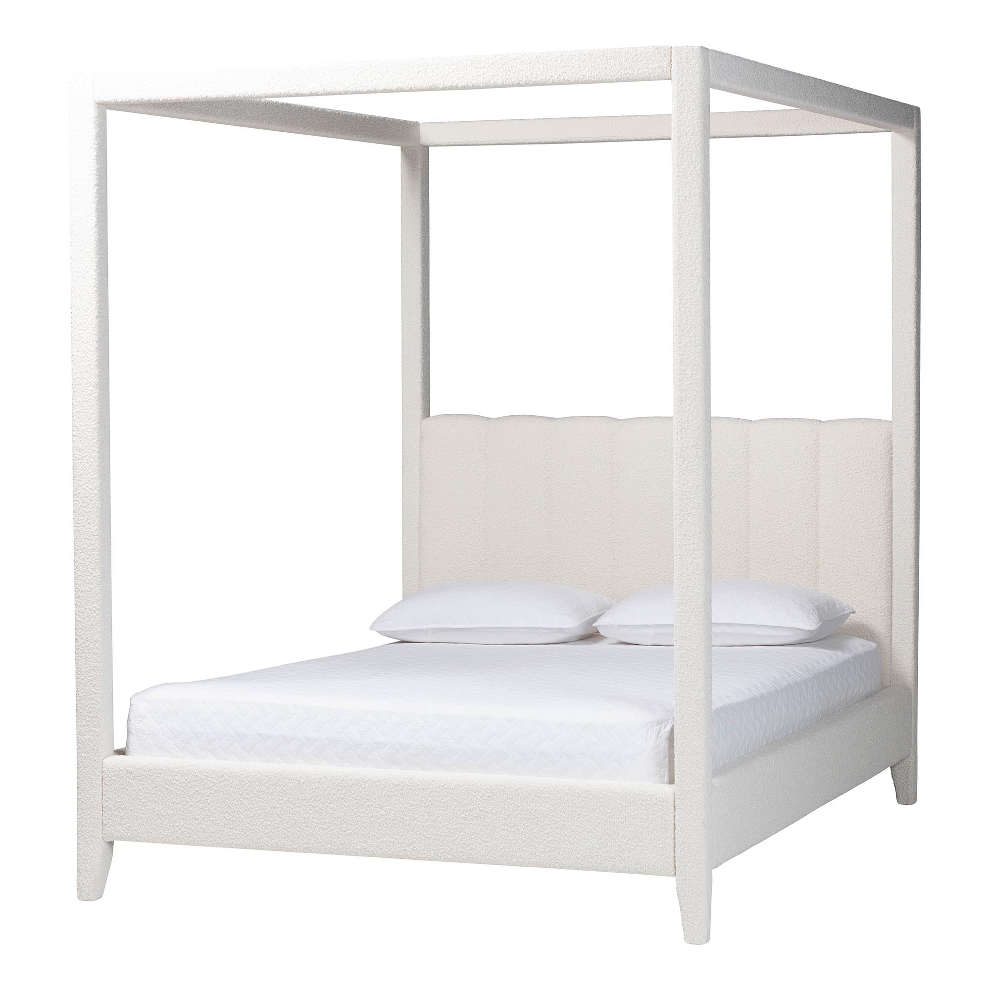 Aerona Boucle Upholstered Canopy Bed - Four Poster Platform Bed with Channel-Tufted Headboard, Cream, Queen