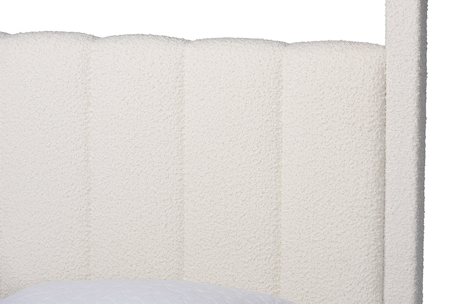Aerona Boucle Upholstered Canopy Bed - Four Poster Platform Bed with Channel-Tufted Headboard, Cream, Queen