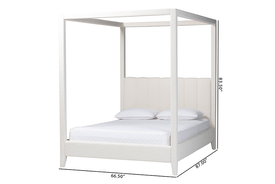 Aerona Boucle Upholstered Canopy Bed - Four Poster Platform Bed with Channel-Tufted Headboard, Cream, Queen