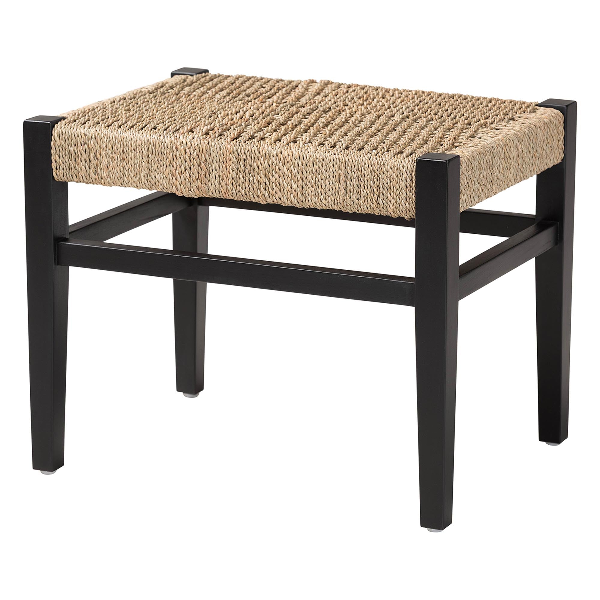 bali & pari Amber Seagrass Accent Bench - Handwoven Natural Fiber Stool with Black Wood Frame, Compact Coastal Boho Seating for Living Room or Entryway