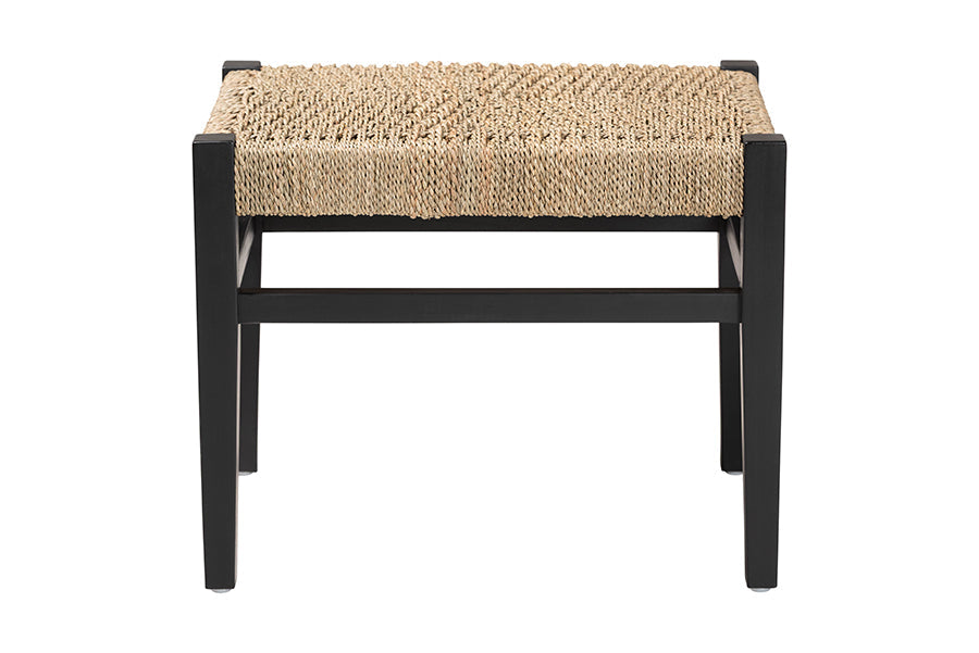 Sandy Seagrass Accent Bench - Handwoven Natural Fiber Stool with Black Wood Frame For Entryway