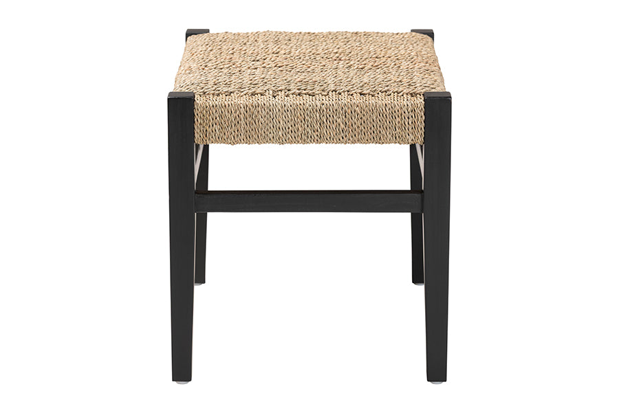 Sandy Seagrass Accent Bench - Handwoven Natural Fiber Stool with Black Wood Frame For Entryway