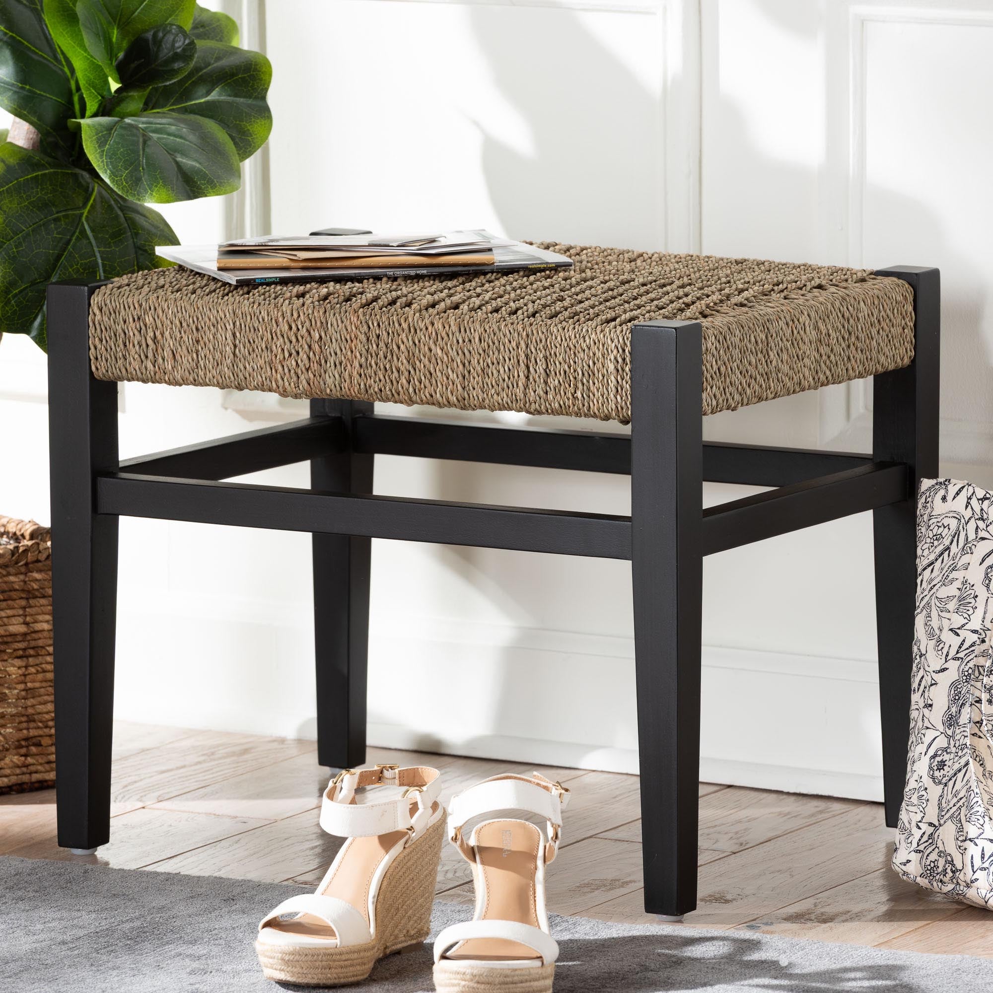 Sandy Seagrass Accent Bench - Handwoven Natural Fiber Stool with Black Wood Frame For Entryway
