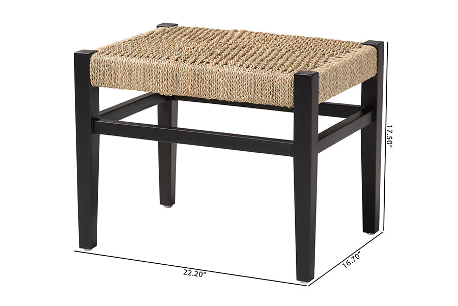 Sandy Seagrass Accent Bench - Handwoven Natural Fiber Stool with Black Wood Frame For Entryway