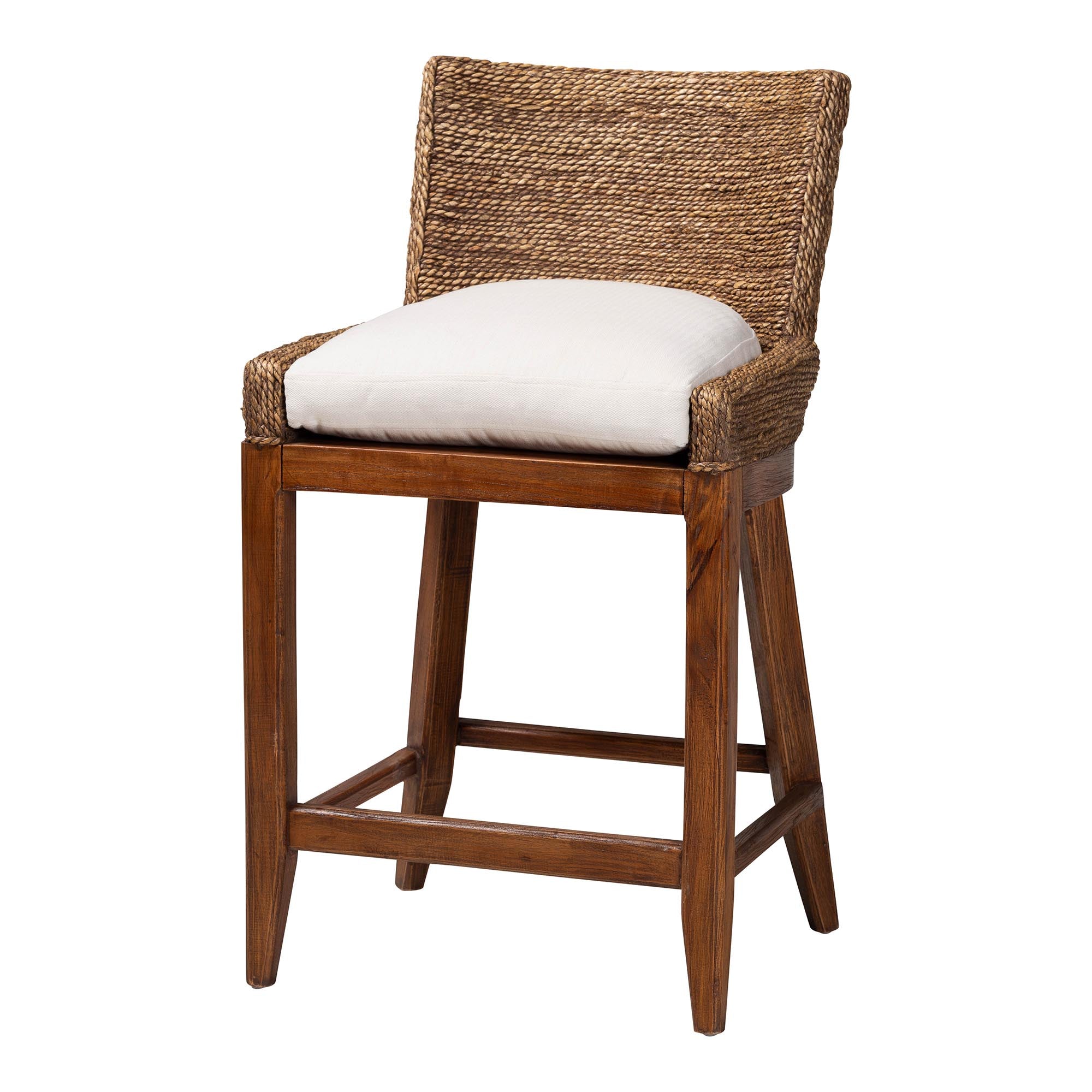 bali & pari Ridley Seagrass Counter Stool with Mahogany Wood Frame - Coastal Seating with Woven Square Back and Cushioned Seat for Kitchen Island or Breakfast Bar, Brown Wash