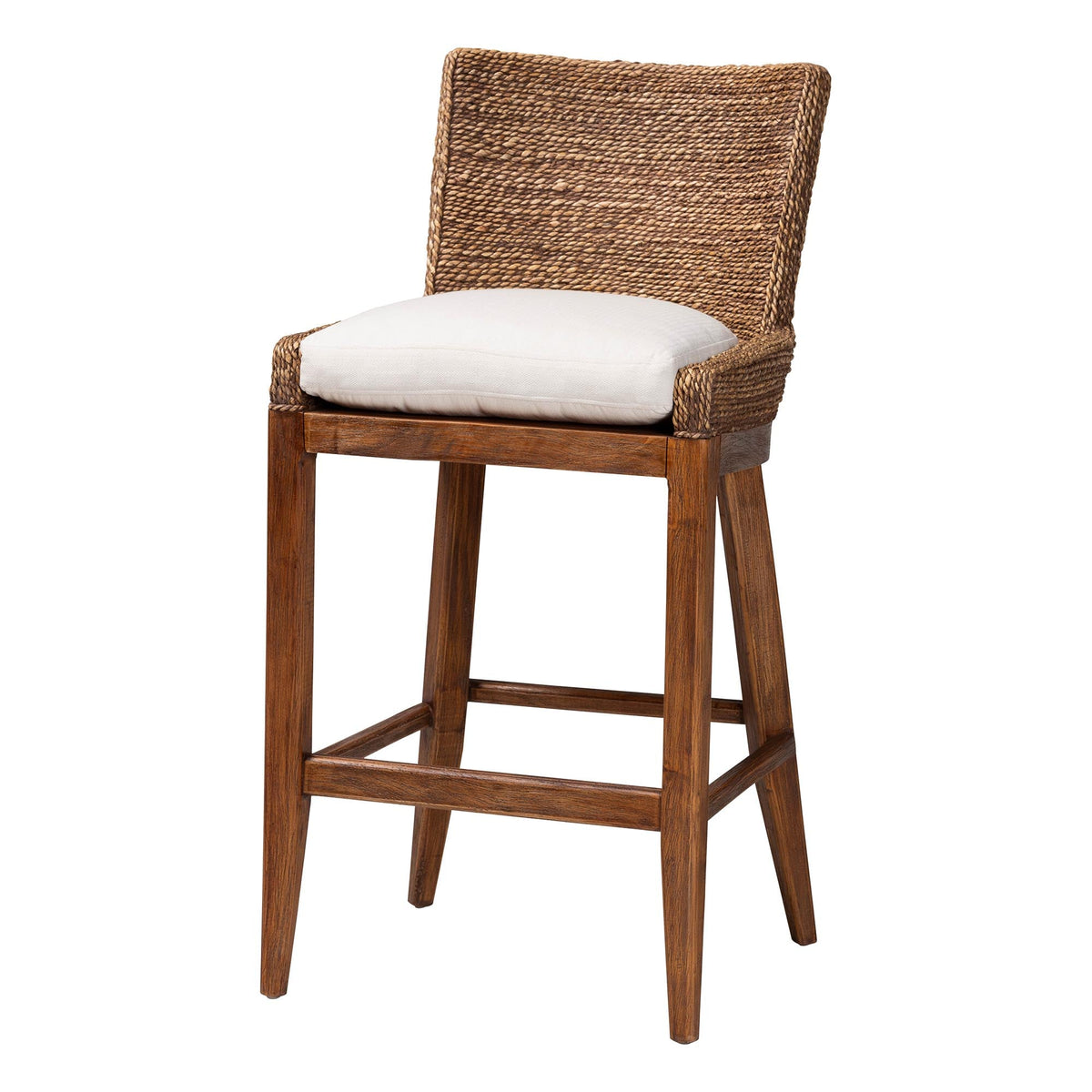 Ridley Seagrass Bar Stool with Mahogany Wood Frame - Coastal Seating with Woven Square Back and Cushioned Seat for Bar Island or Lounge, Brown Wash