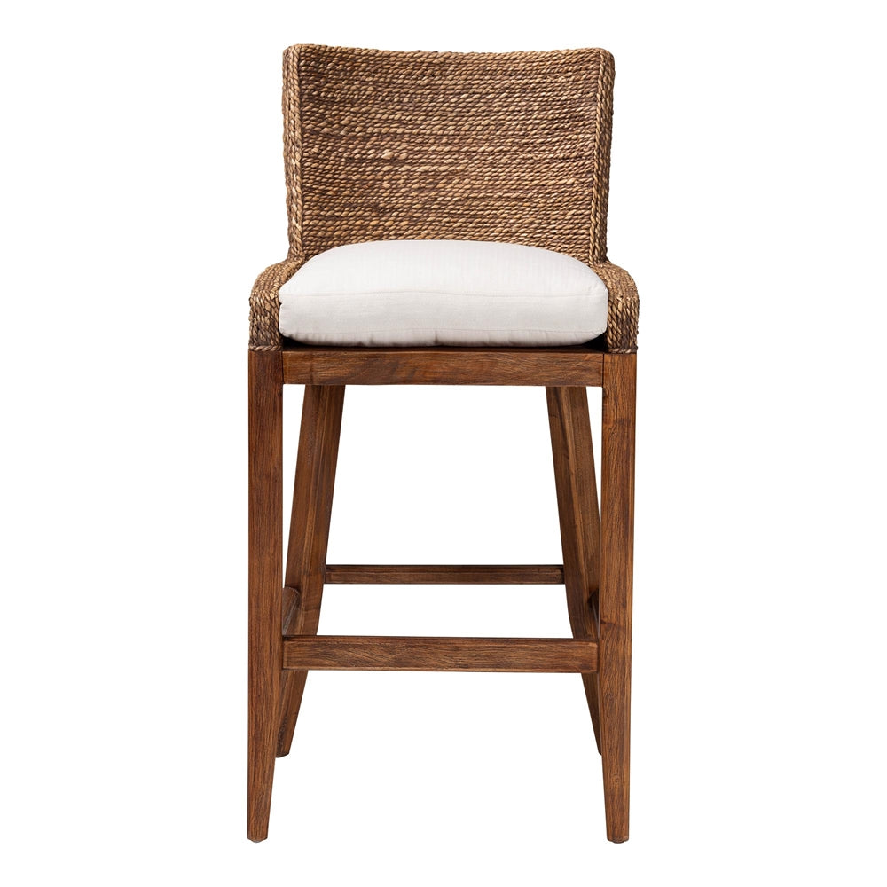 Ridley Seagrass Bar Stool with Mahogany Wood Frame - Coastal Seating with Woven Square Back and Cushioned Seat for Bar Island or Lounge, Brown Wash