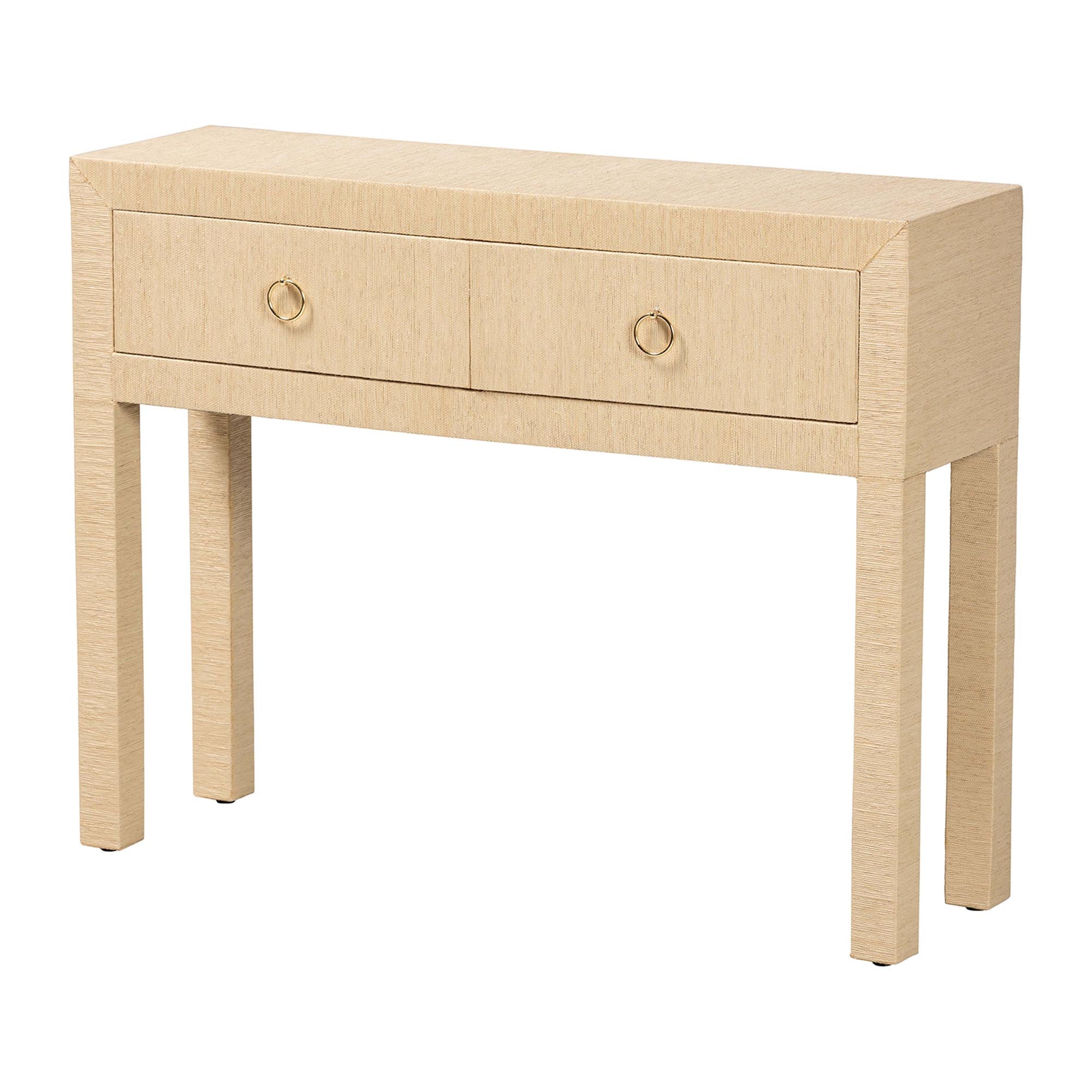bali & pari Noah Grasscloth 2-Drawer Console Table - Woven Texture Entryway Table with Gold Ring Pulls, Narrow Hallway or Living Room Accent Table, Light Brown