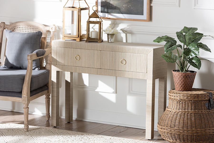 Noah Grasscloth 2-Drawer Console Table - Woven Texture Entryway Table with Gold Ring Pulls, Narrow Hallway or Living Room Accent Table, Beige