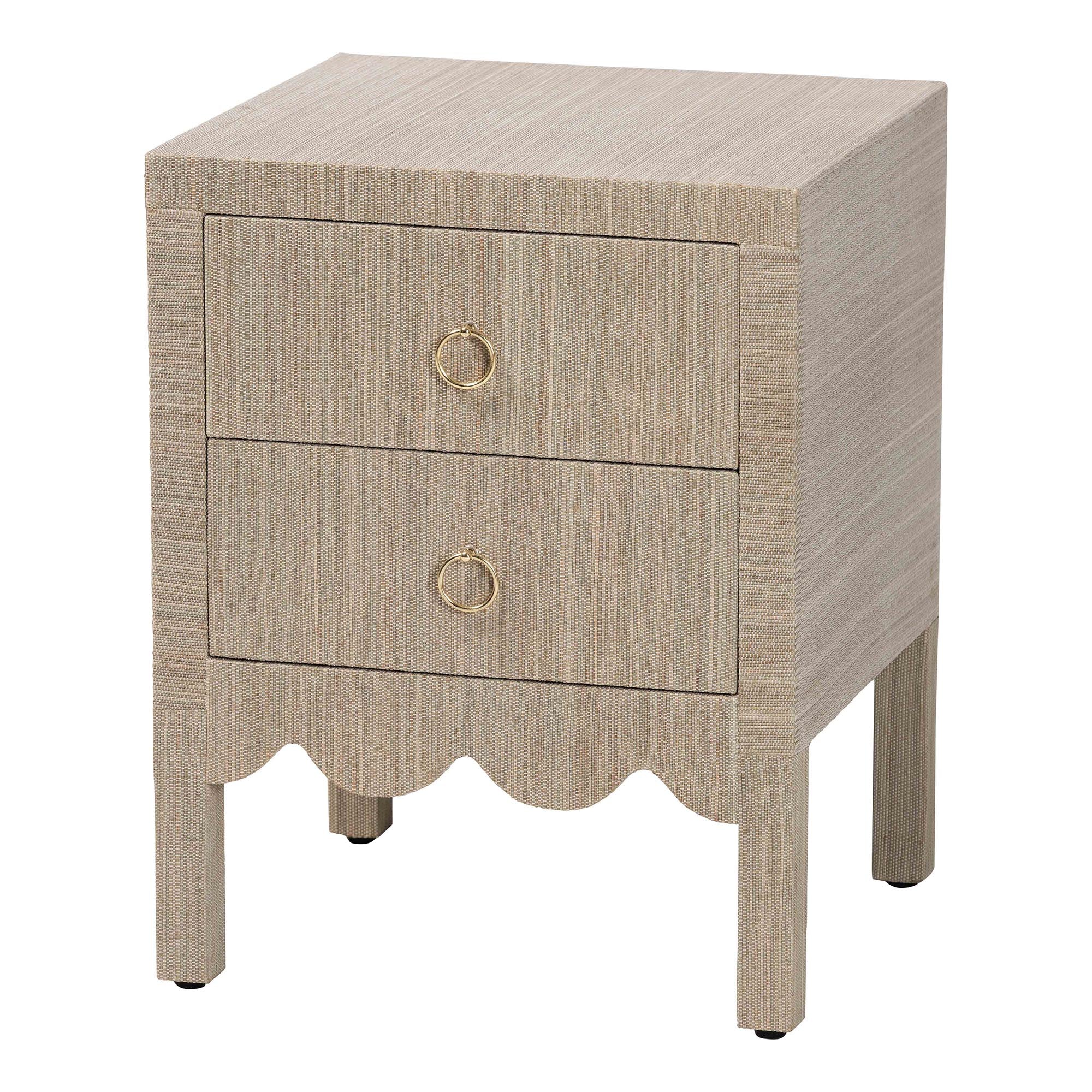 Juniper Grasscloth Nightstand with Scalloped Base - Woven Texture 2-Drawer Bedside Table with Gold Ring Pulls, Accent Bedroom Storage Furniture