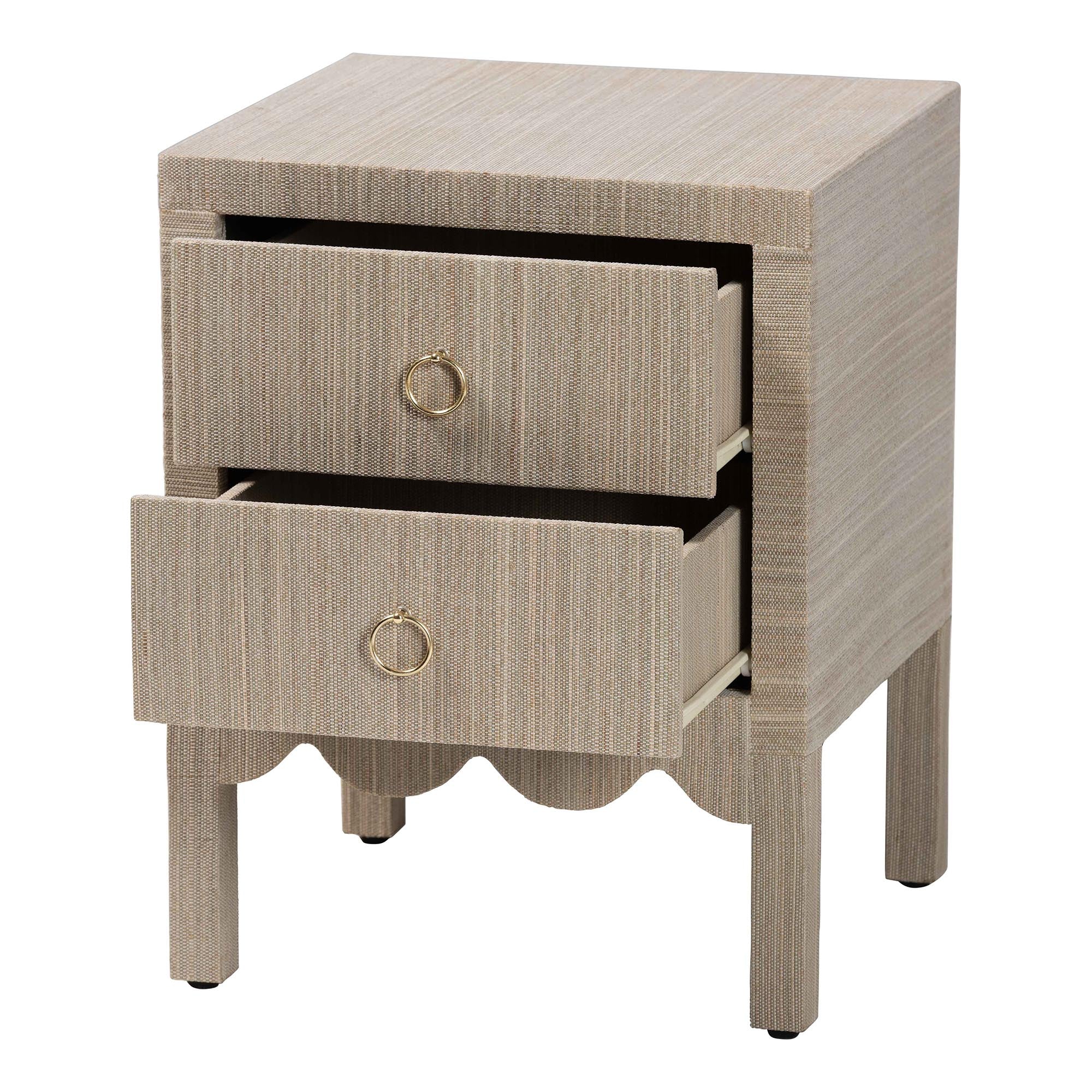 Juniper Grasscloth Nightstand with Scalloped Base - Woven Texture 2-Drawer Bedside Table with Gold Ring Pulls, Accent Bedroom Storage Furniture