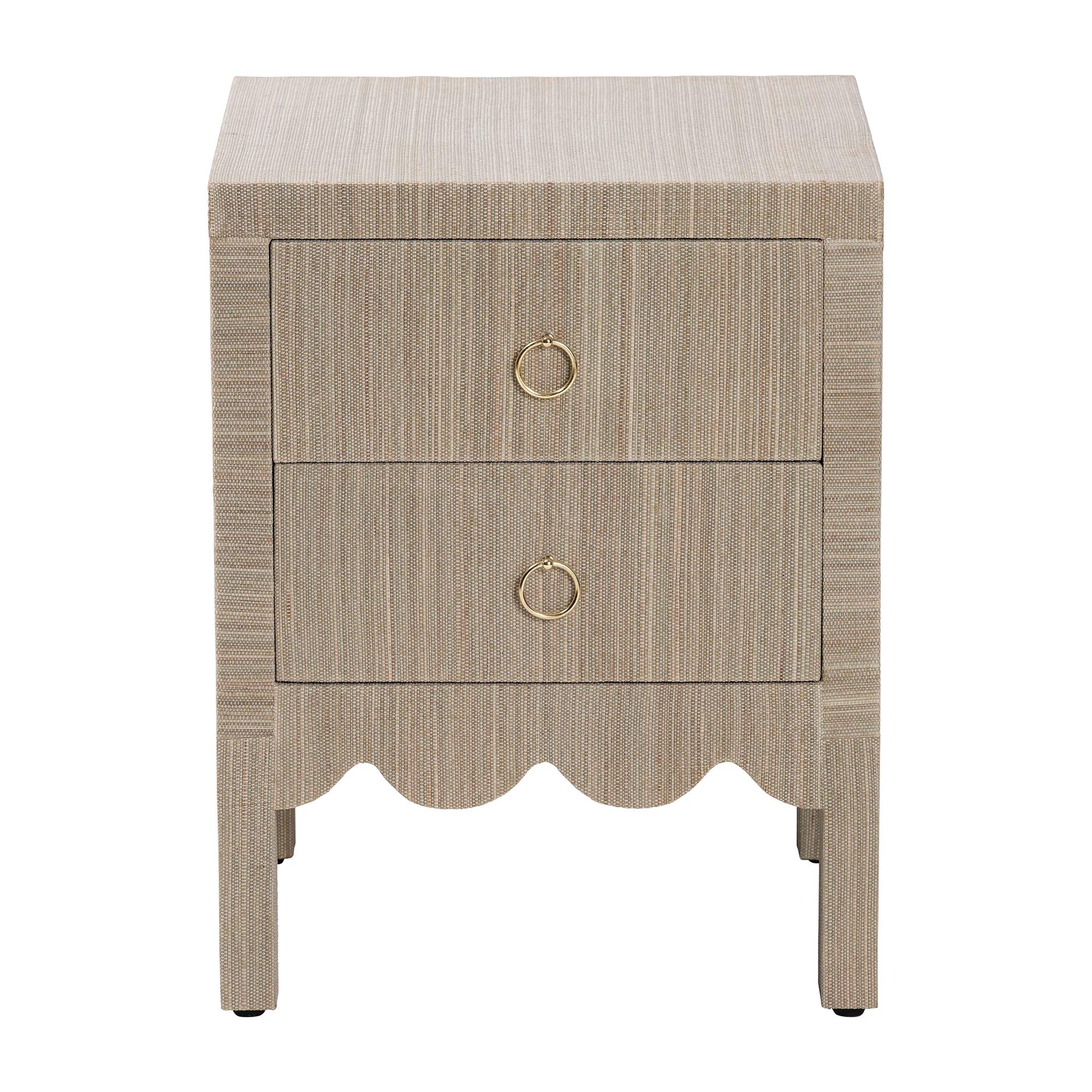 Juniper Grasscloth Nightstand with Scalloped Base - Woven Texture 2-Drawer Bedside Table with Gold Ring Pulls, Accent Bedroom Storage Furniture