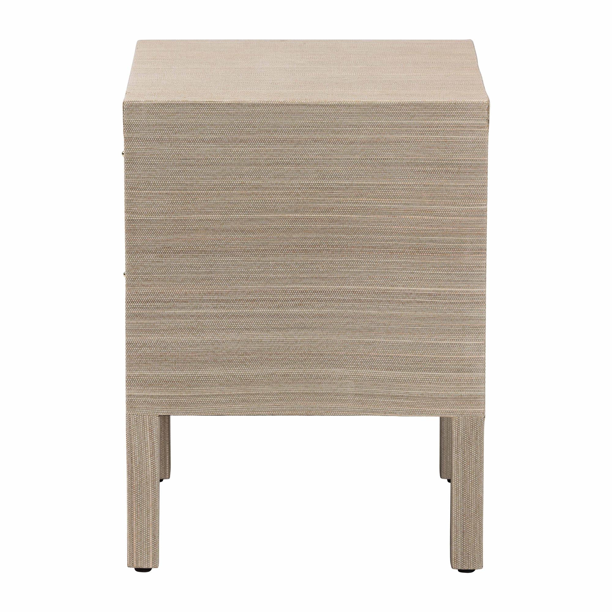 Juniper Grasscloth Nightstand with Scalloped Base - Woven Texture 2-Drawer Bedside Table with Gold Ring Pulls, Accent Bedroom Storage Furniture