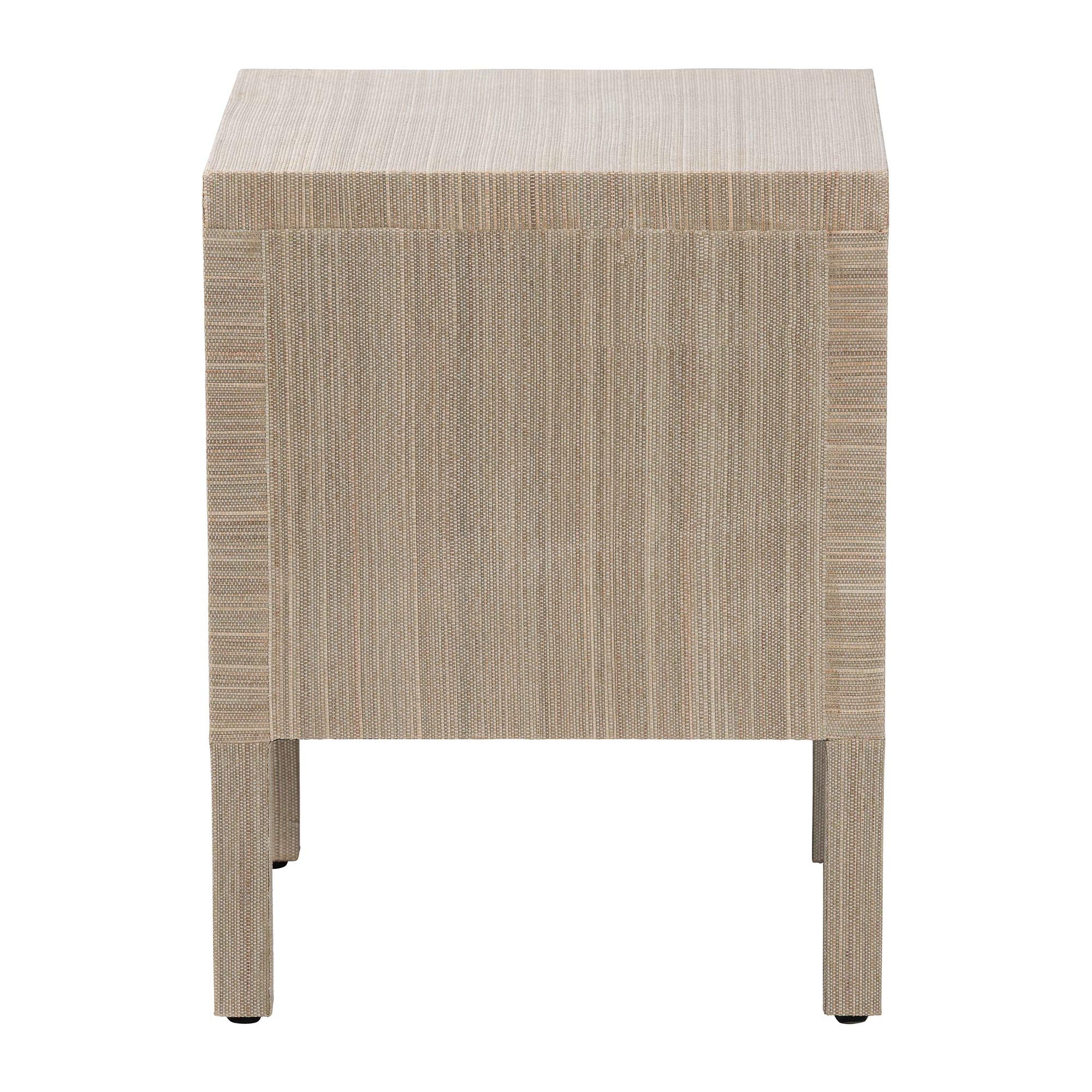 Juniper Grasscloth Nightstand with Scalloped Base - Woven Texture 2-Drawer Bedside Table with Gold Ring Pulls, Accent Bedroom Storage Furniture