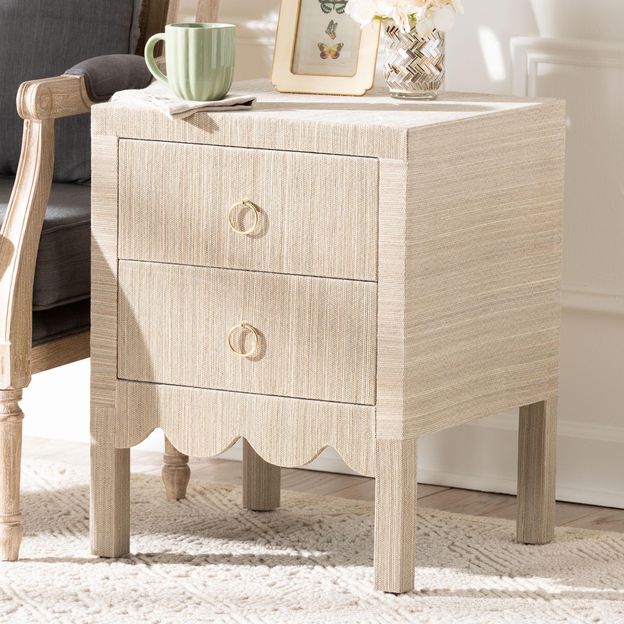 Juniper Grasscloth Nightstand with Scalloped Base - Woven Texture 2-Drawer Bedside Table with Gold Ring Pulls, Accent Bedroom Storage Furniture