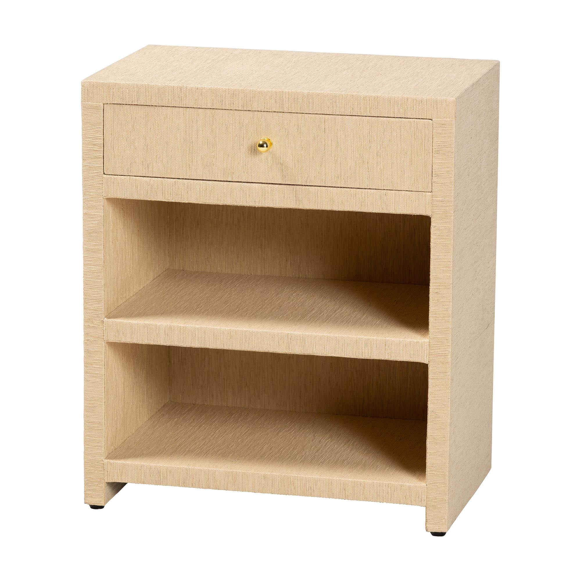 William Grasscloth 1-Drawer Nightstand with Open Shelves - Woven Texture Bedside Table with Gold Knob, Modern Coastal Accent Table for Bedroom