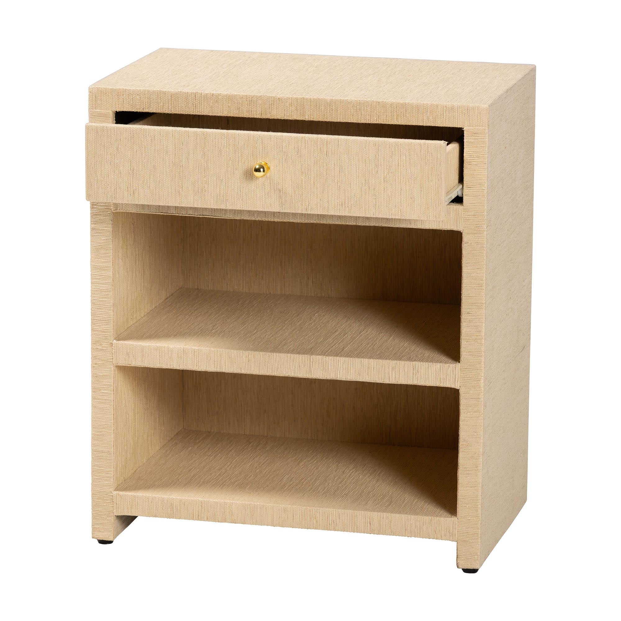 William Grasscloth 1-Drawer Nightstand with Open Shelves - Woven Texture Bedside Table with Gold Knob, Modern Coastal Accent Table for Bedroom