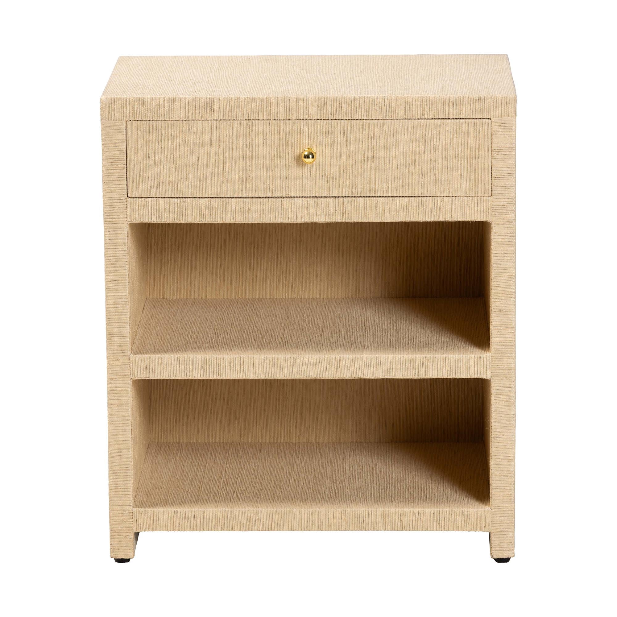 William Grasscloth 1-Drawer Nightstand with Open Shelves - Woven Texture Bedside Table with Gold Knob, Modern Coastal Accent Table for Bedroom