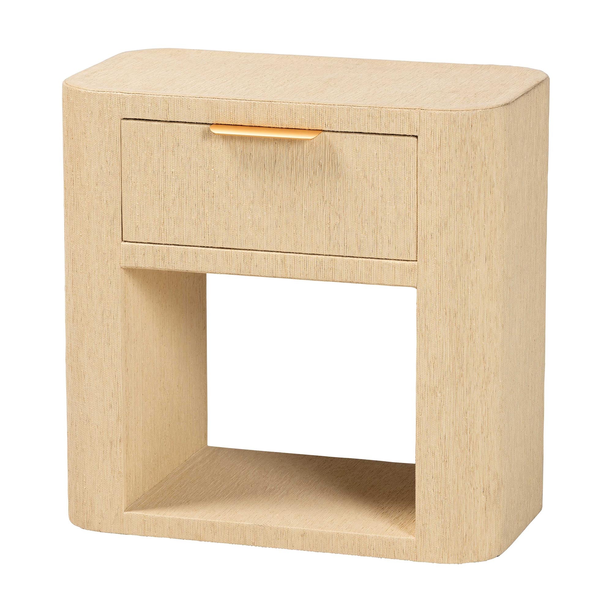 Beauford Grasscloth 1-Drawer Nightstand with Open Shelf - Woven Texture Bedside Table with Rounded Corners and Gold Handle, Modern Coastal Accent Table for Bedroom or Living Room