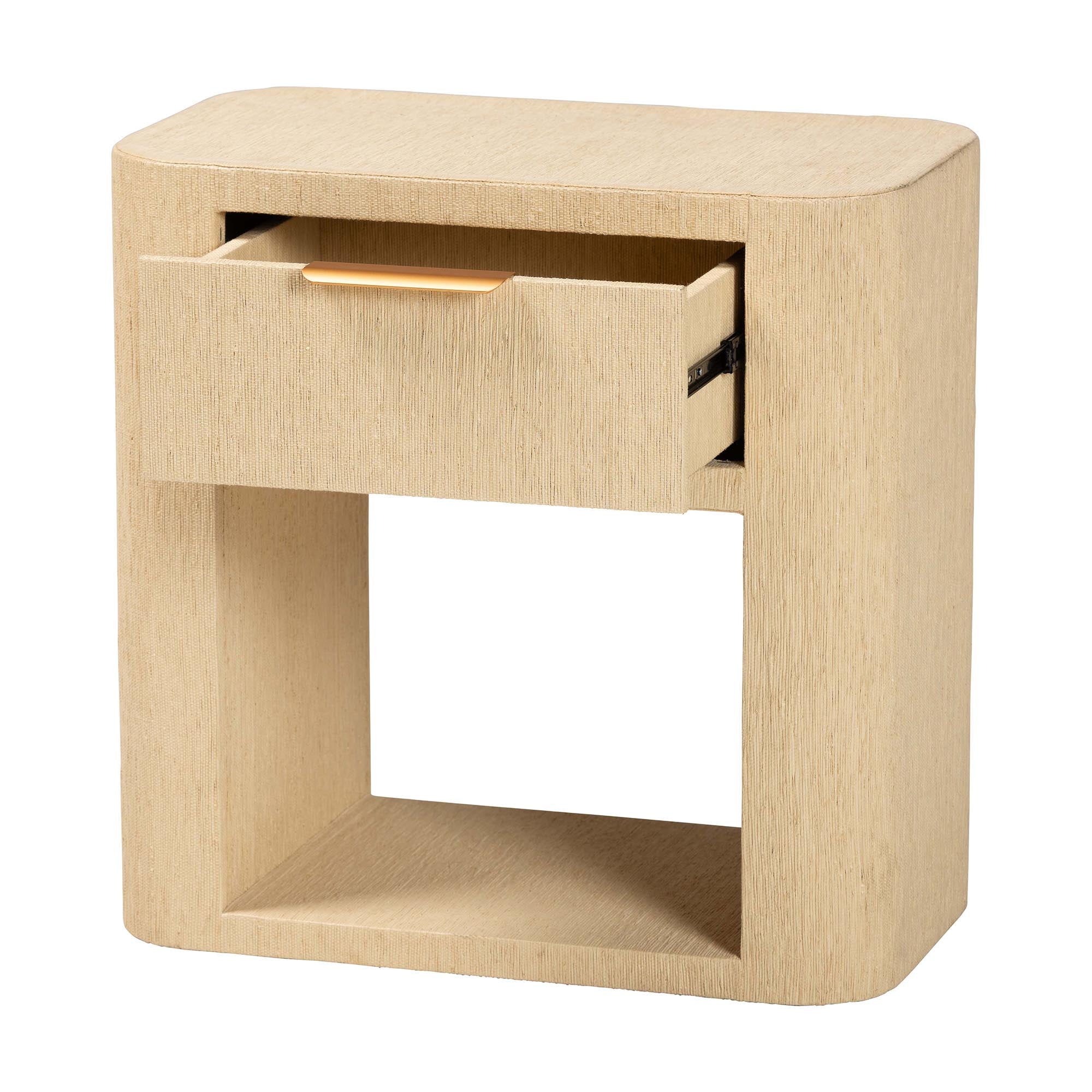 Beauford Grasscloth 1-Drawer Nightstand with Open Shelf - Woven Texture Bedside Table with Rounded Corners and Gold Handle, Modern Coastal Accent Table for Bedroom or Living Room