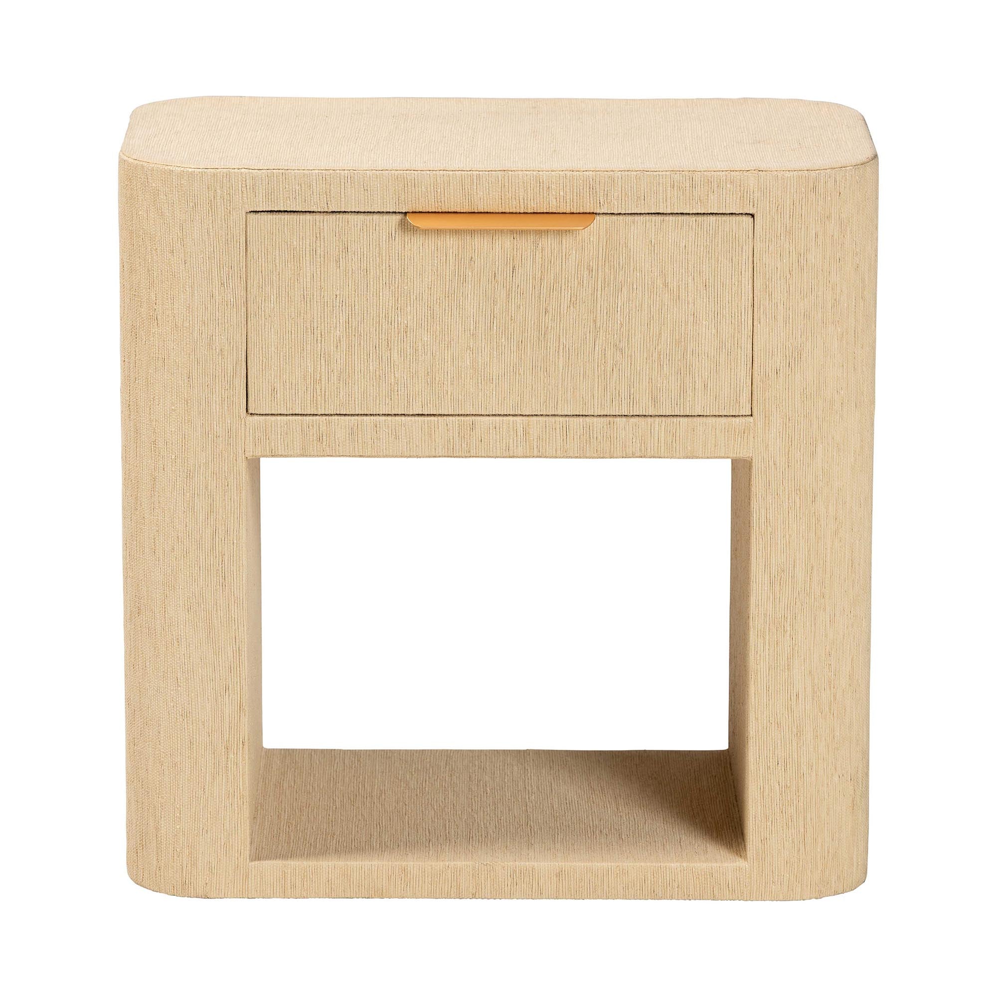 Beauford Grasscloth 1-Drawer Nightstand with Open Shelf - Woven Texture Bedside Table with Rounded Corners and Gold Handle, Modern Coastal Accent Table for Bedroom or Living Room