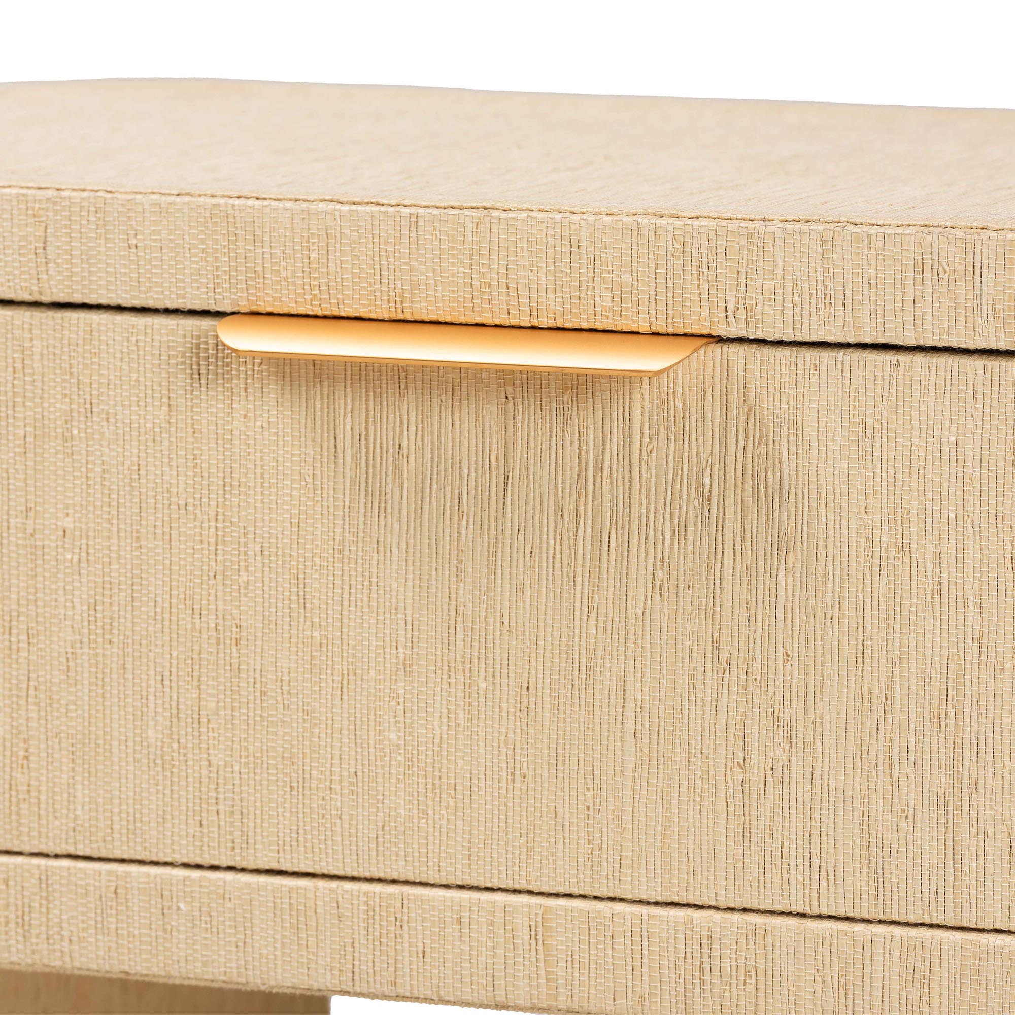 Beauford Grasscloth 1-Drawer Nightstand with Open Shelf - Woven Texture Bedside Table with Rounded Corners and Gold Handle, Modern Coastal Accent Table for Bedroom or Living Room