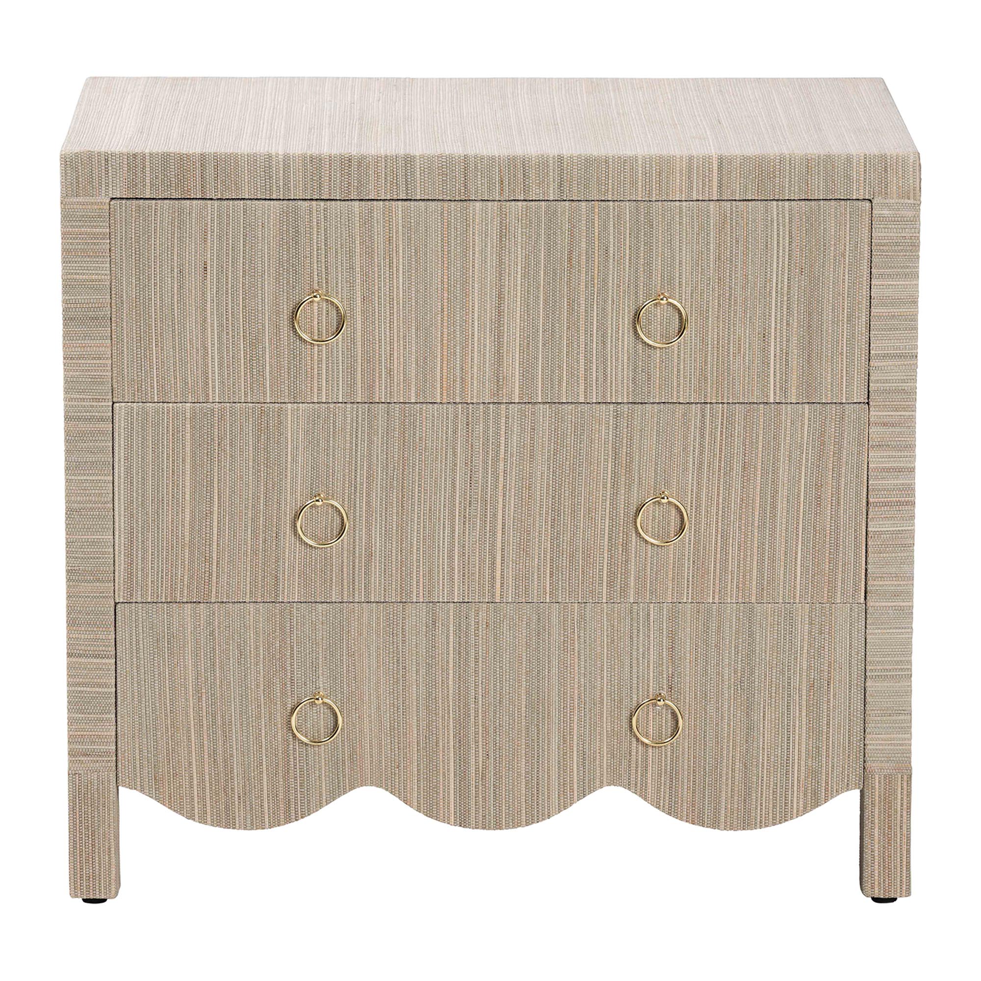 Umika Grasscloth Nightstand with Scalloped Base - 3-Drawer Accent Chest with Gold Ring Pulls, Bedroom Storage Table or Side Cabinet