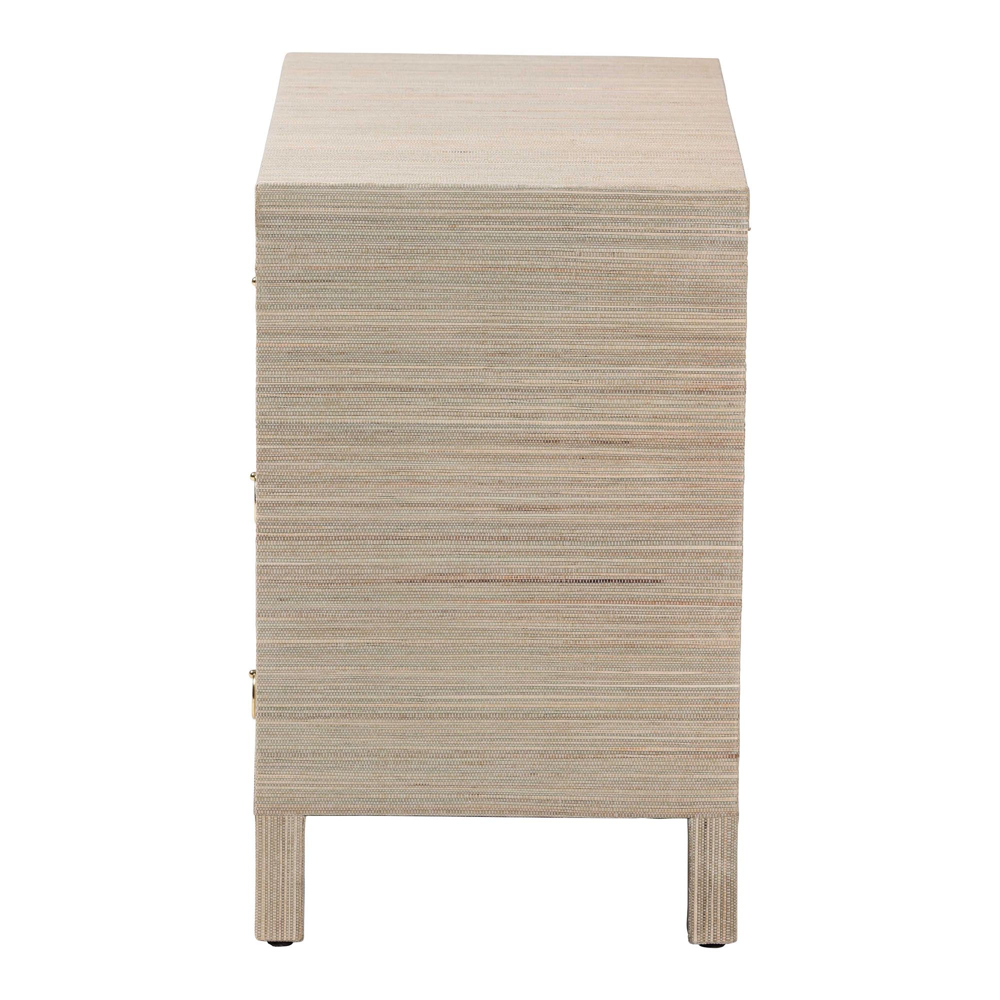 Umika Grasscloth Nightstand with Scalloped Base - 3-Drawer Accent Chest with Gold Ring Pulls, Bedroom Storage Table or Side Cabinet
