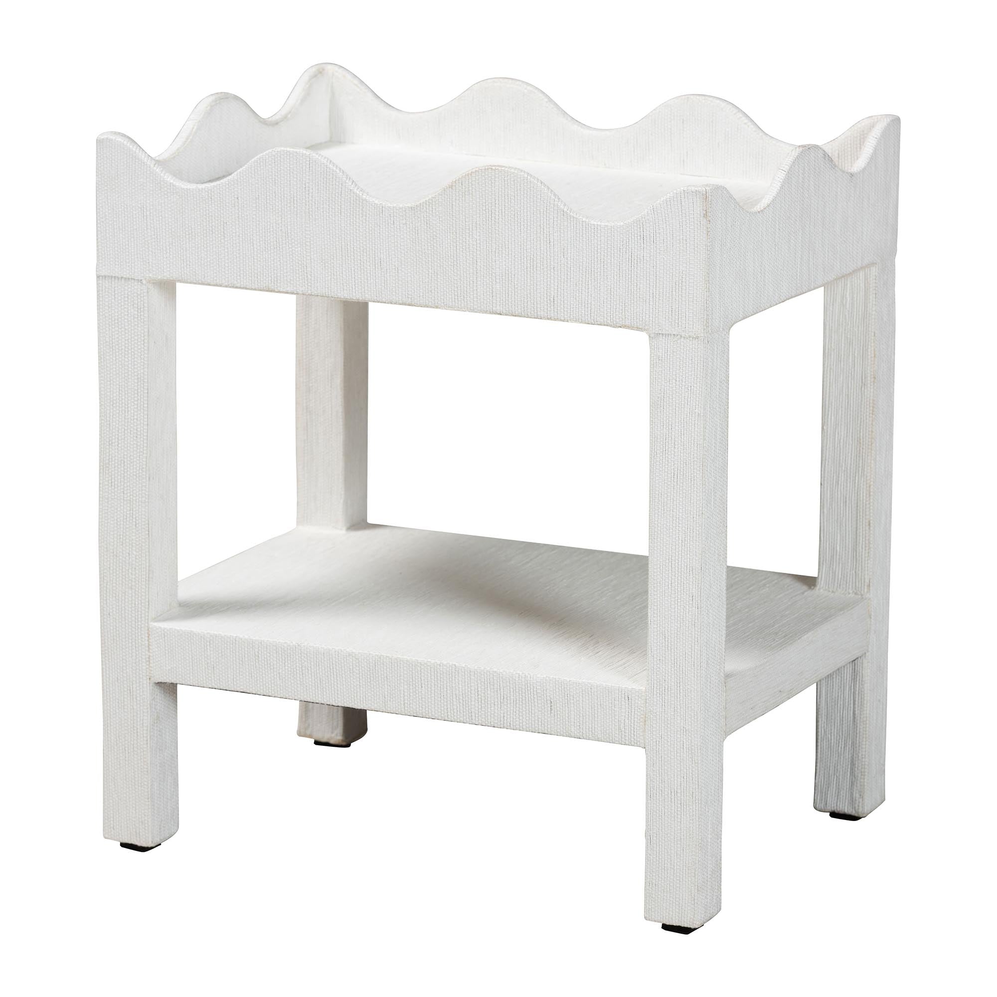 bali & pari Sebastian Grasscloth Scalloped End Table - 2-Tier Accent Table with Open Shelf Storage for Living Room, Bedroom, or Entryway, White