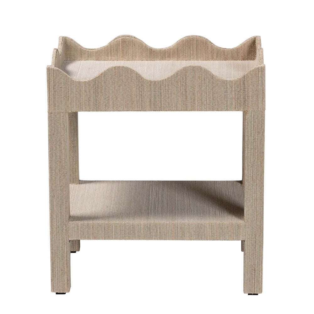 Sebastian Grasscloth Scalloped End Table - 2-Tier Accent Table with Open Shelf Storage for Living Room, Bedroom, or Entryway, Beige
