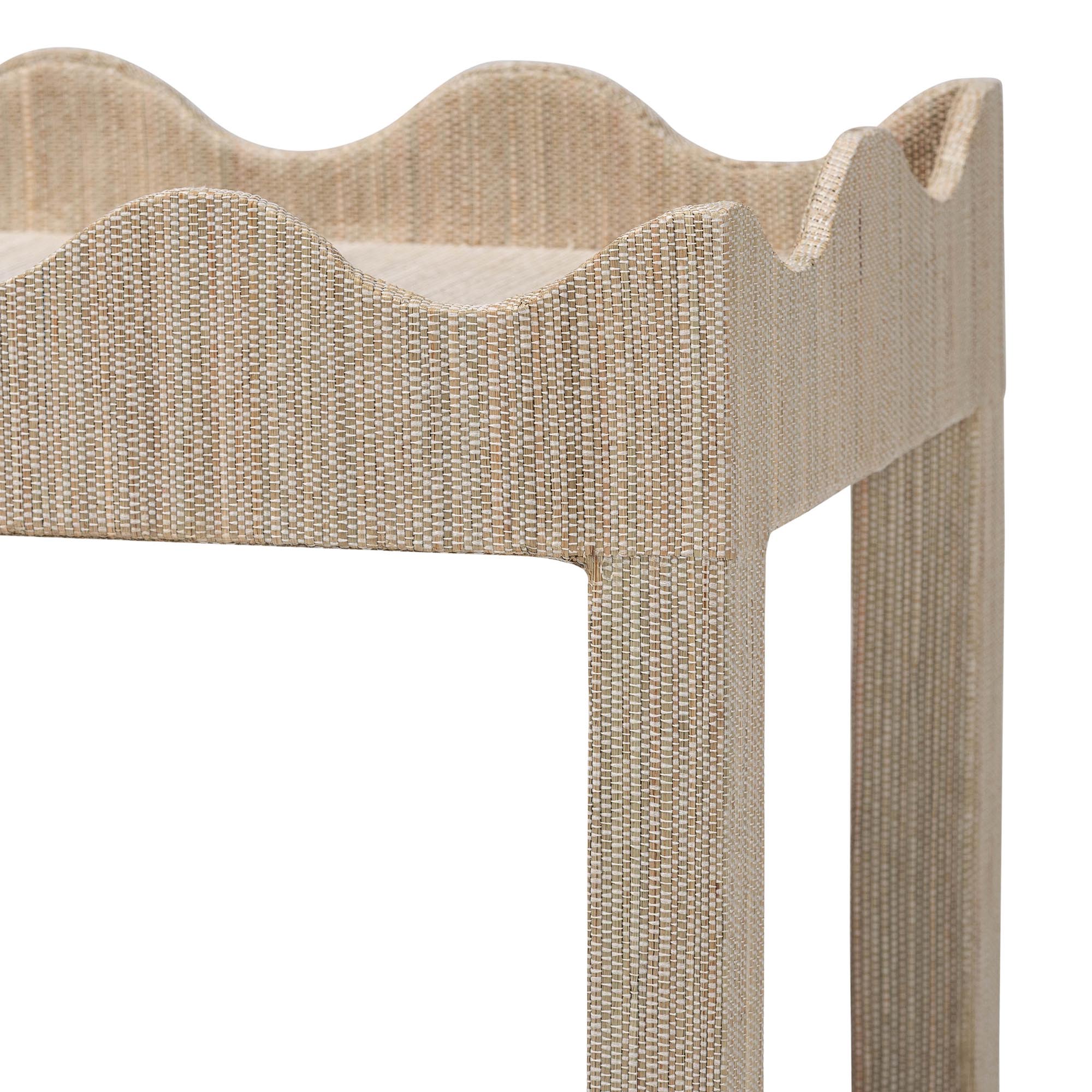 Sebastian Grasscloth Scalloped End Table - 2-Tier Accent Table with Open Shelf Storage for Living Room, Bedroom, or Entryway, Beige