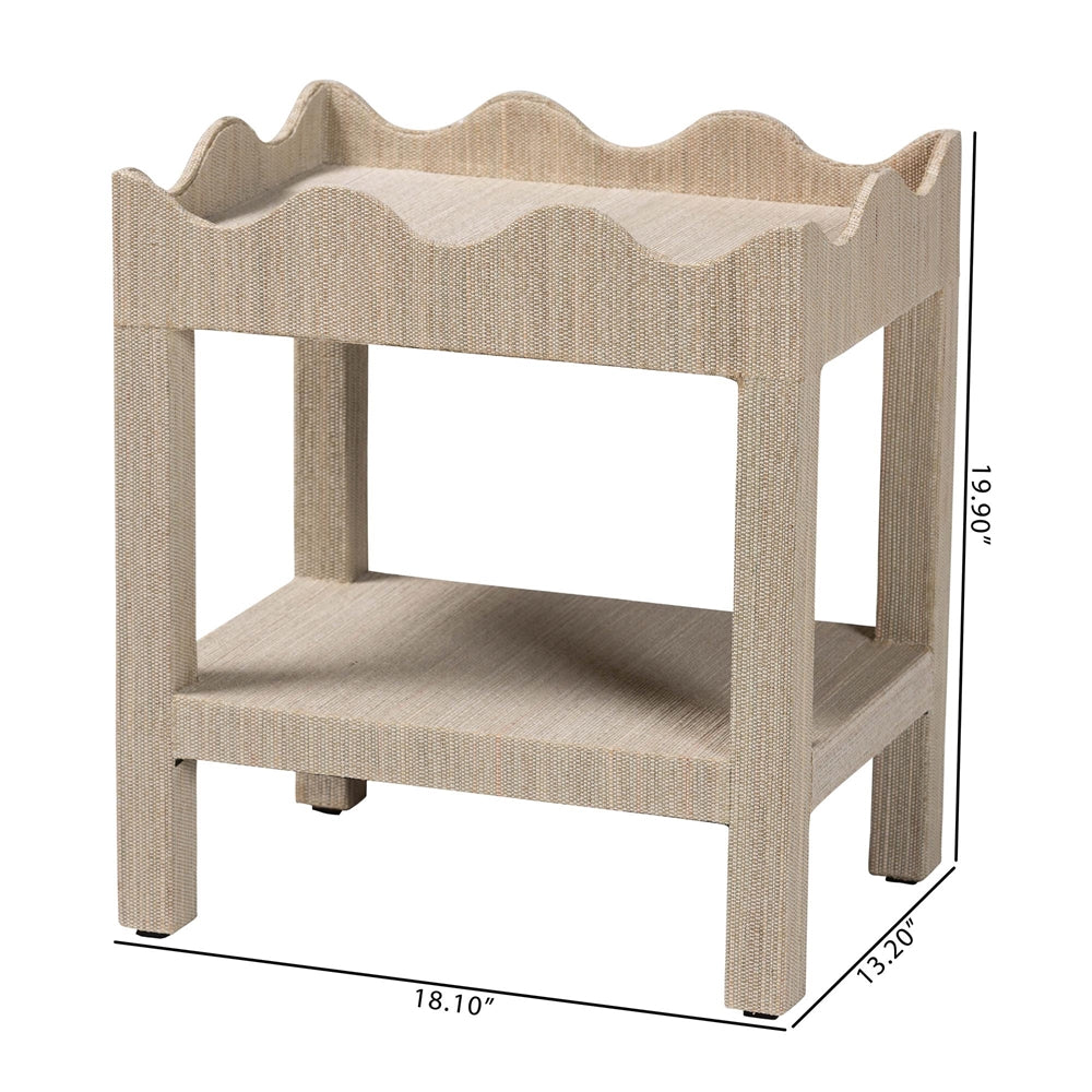Sebastian Grasscloth Scalloped End Table - 2-Tier Accent Table with Open Shelf Storage for Living Room, Bedroom, or Entryway, Beige