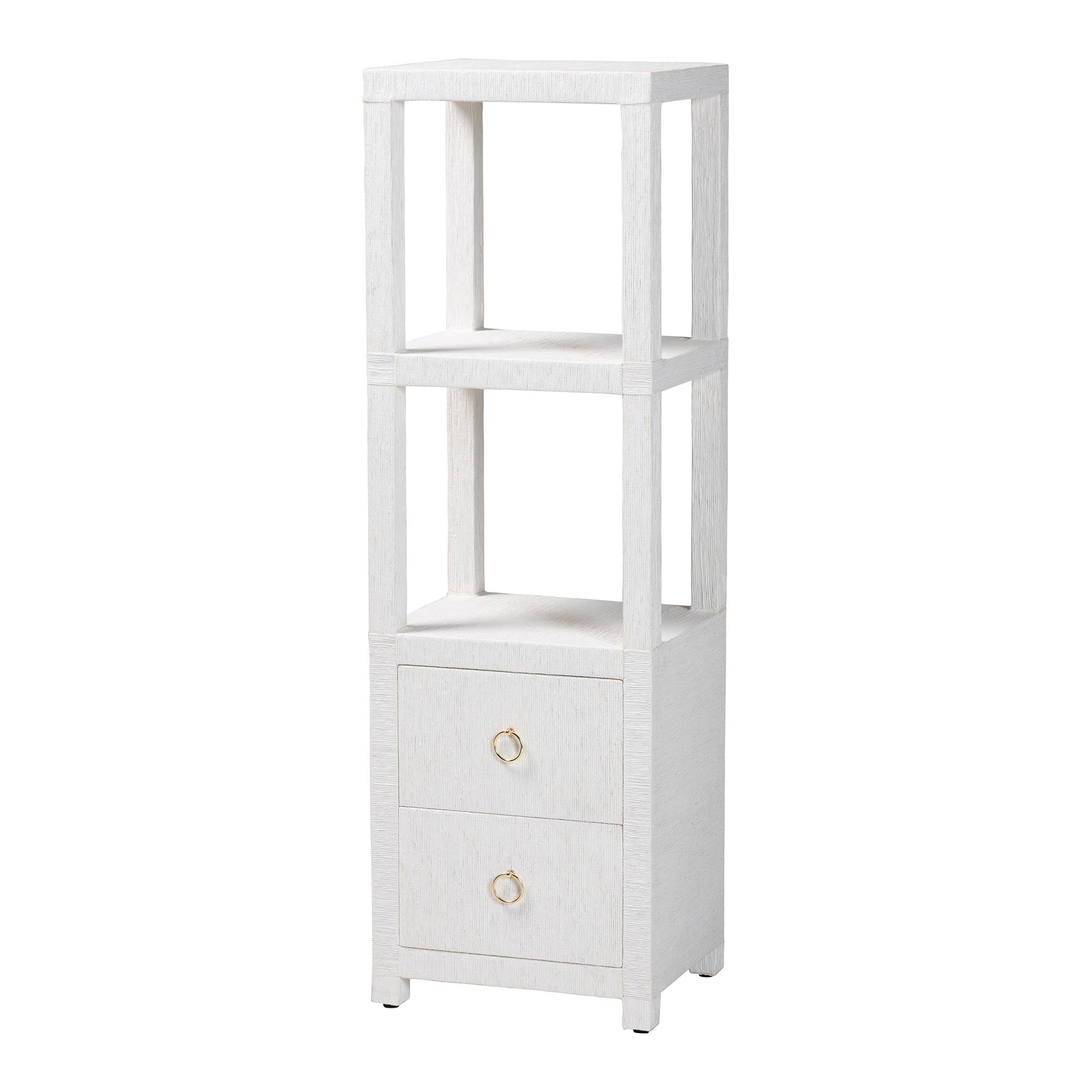 Xavier Grasscloth Tall Storage Cabinet - Woven Accent Displaying Tower Bookcase with Open Shelves and Drawers, Space-Saving Organizer for Living Room, Bedroom, or Entryway